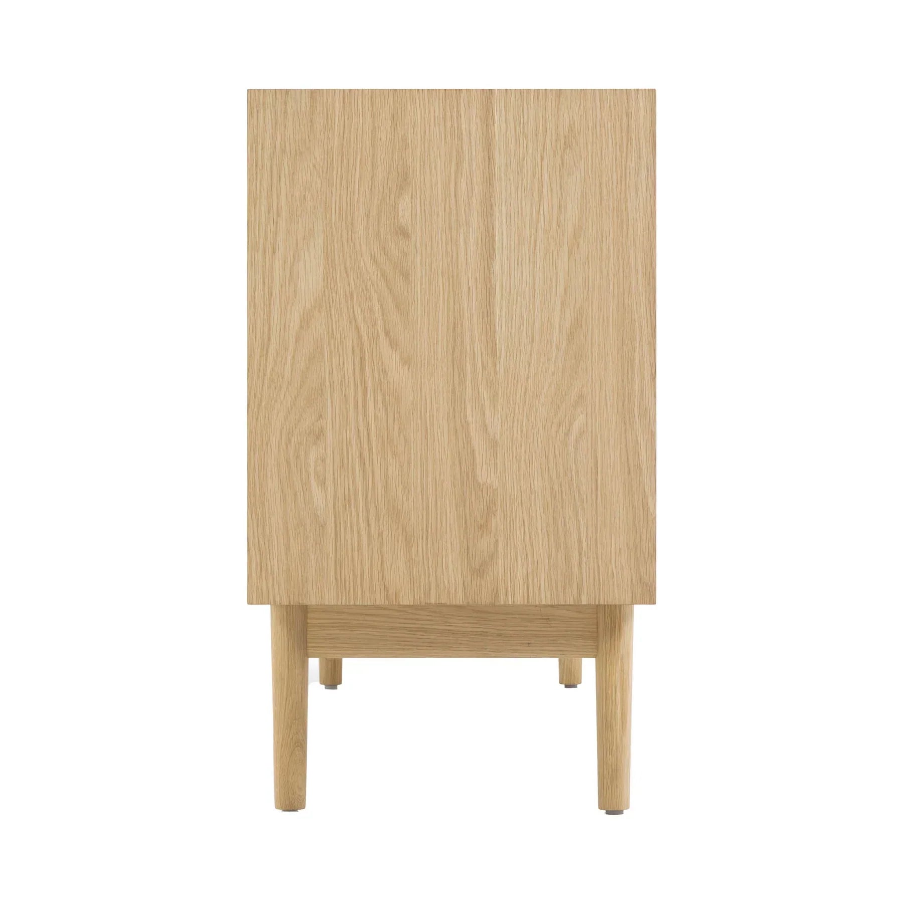 Front perspective view of the Lumina 4-door sideboard featuring a light oak wood frame, fluted glass door panels, and elegant vertical gold metal handles