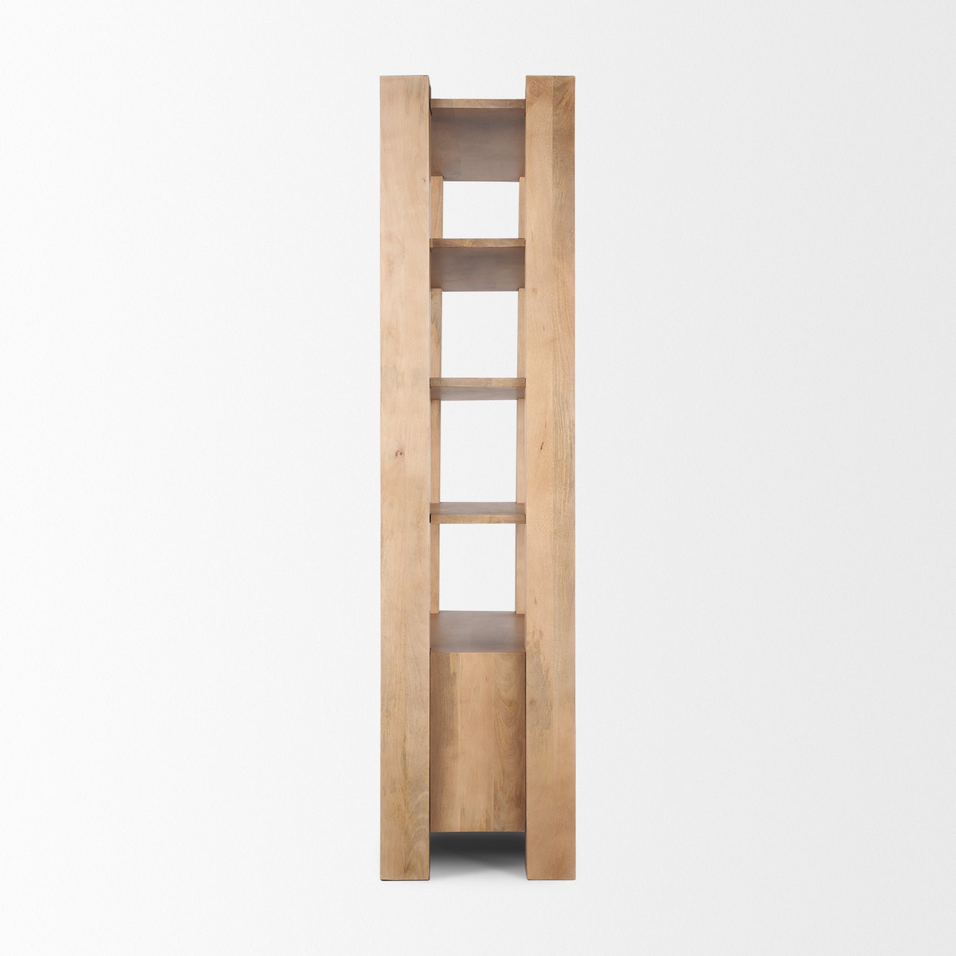 Straight-on front view highlighting the architectural vertical pillars and symmetrical open shelving