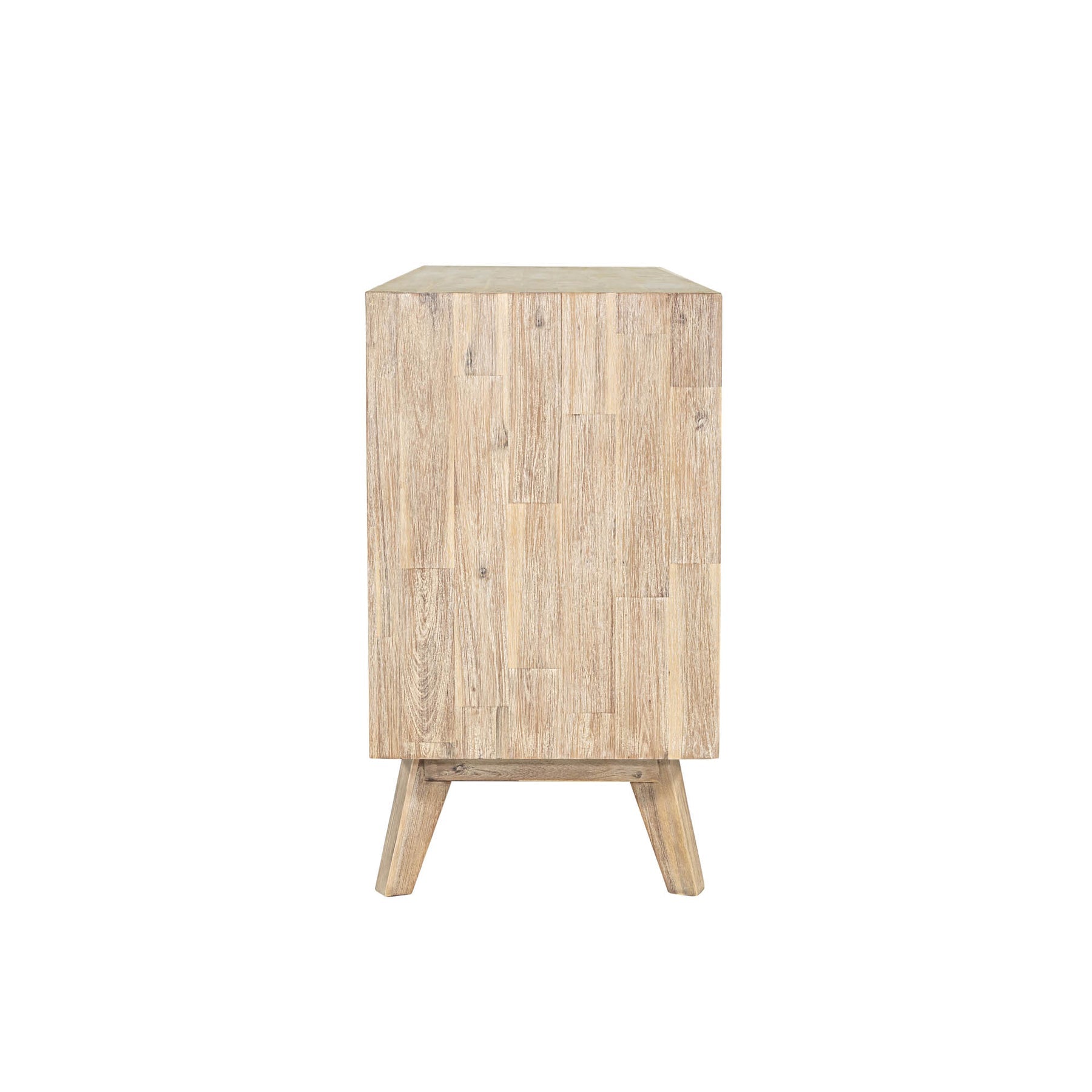 Front perspective view of the Gia sideboard featuring natural wood construction with horizontal textured paneling and three top drawers