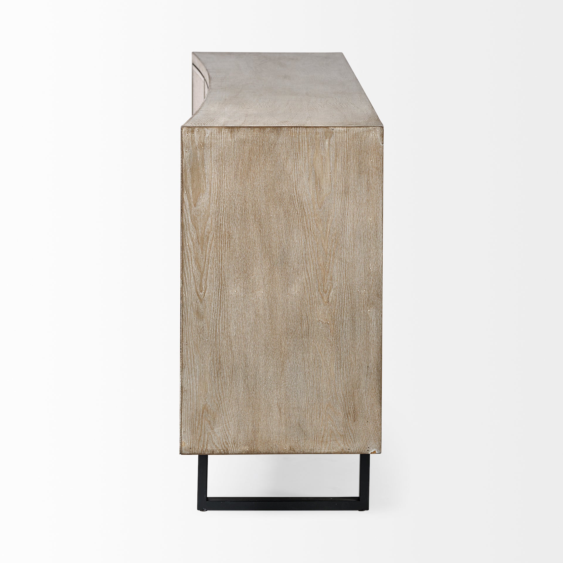 Front view of the Bellefontaine sideboard featuring textured grasscloth door panels and matte black vertical metal handles