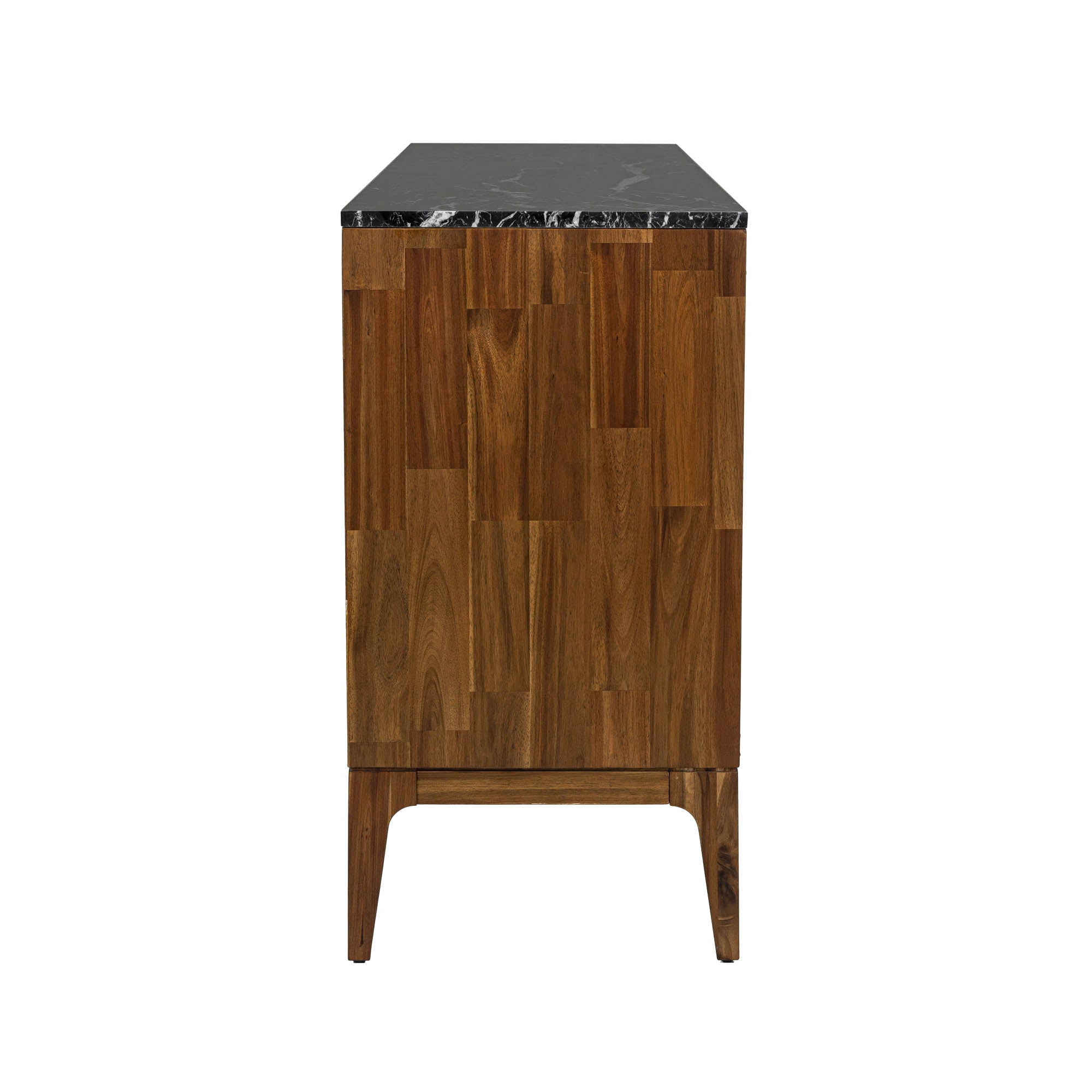 Straight-on front view highlighting the symmetrical wood grain patterns across the three storage doors and the slim gold handles