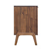 Side profile view highlighting the depth of the cabinet and the elegant flare of the wood legs