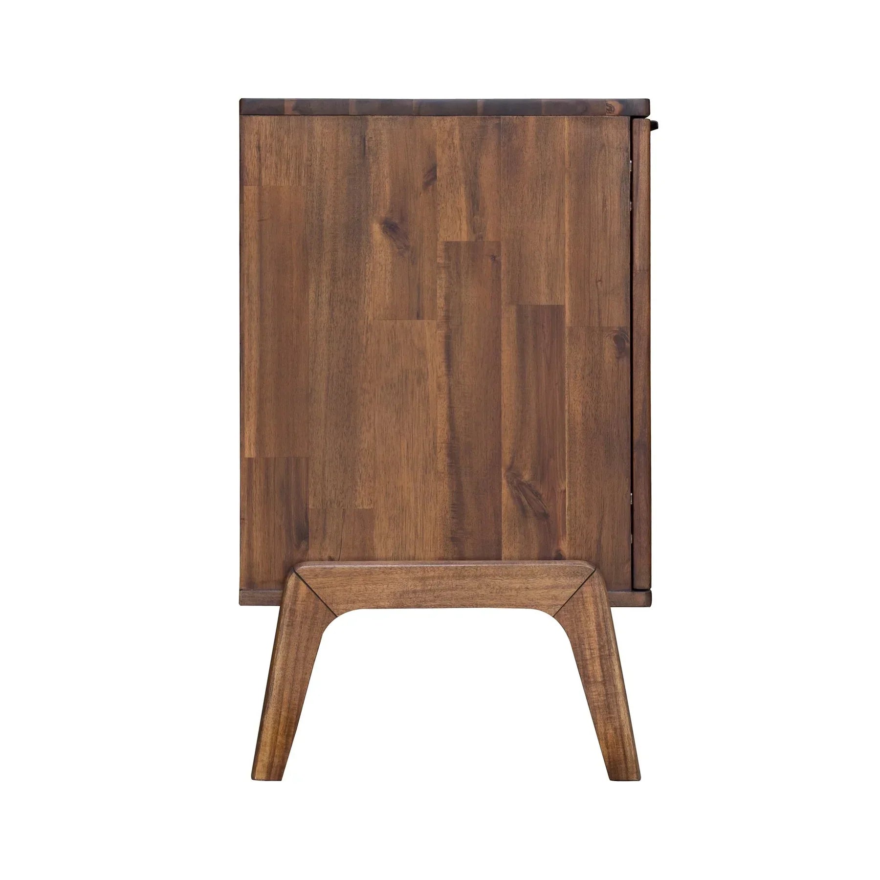 Front view of the Remix sideboard featuring a warm acacia wood finish with a 3-drawer central unit and two side cabinets