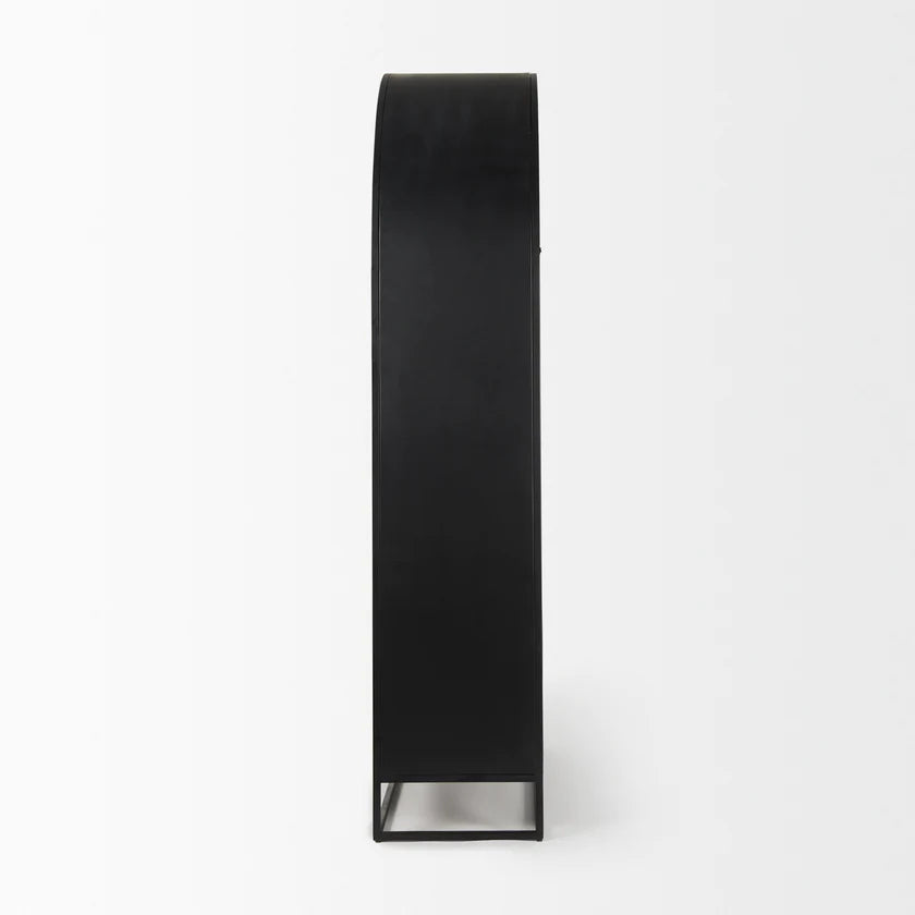 Straight-on front view of the Sloan arch cabinet featuring a matte black finish and natural wood interior shelves