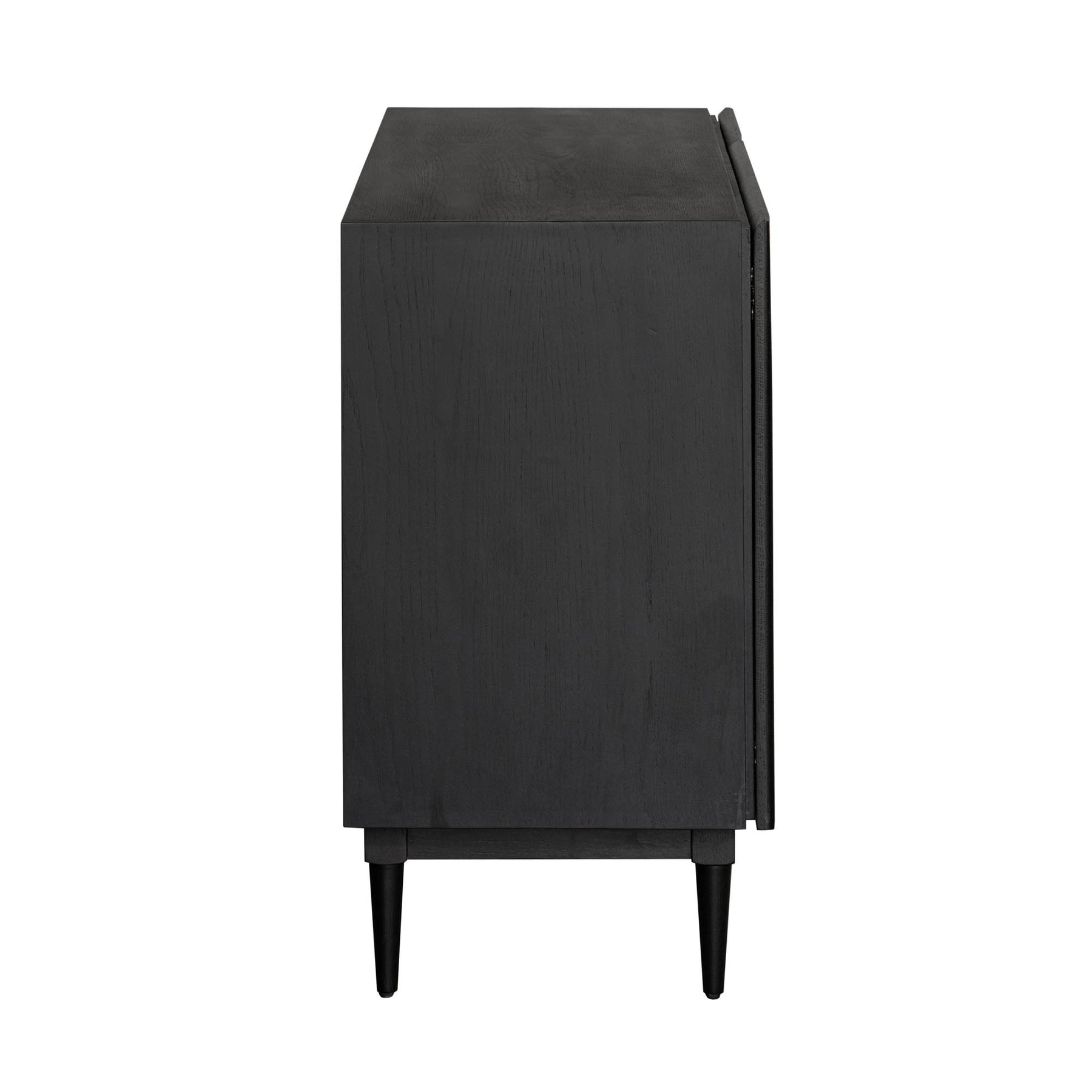 Straight-on front view of the Cane sideboard featuring a matte black wood frame and three natural woven rattan door panels