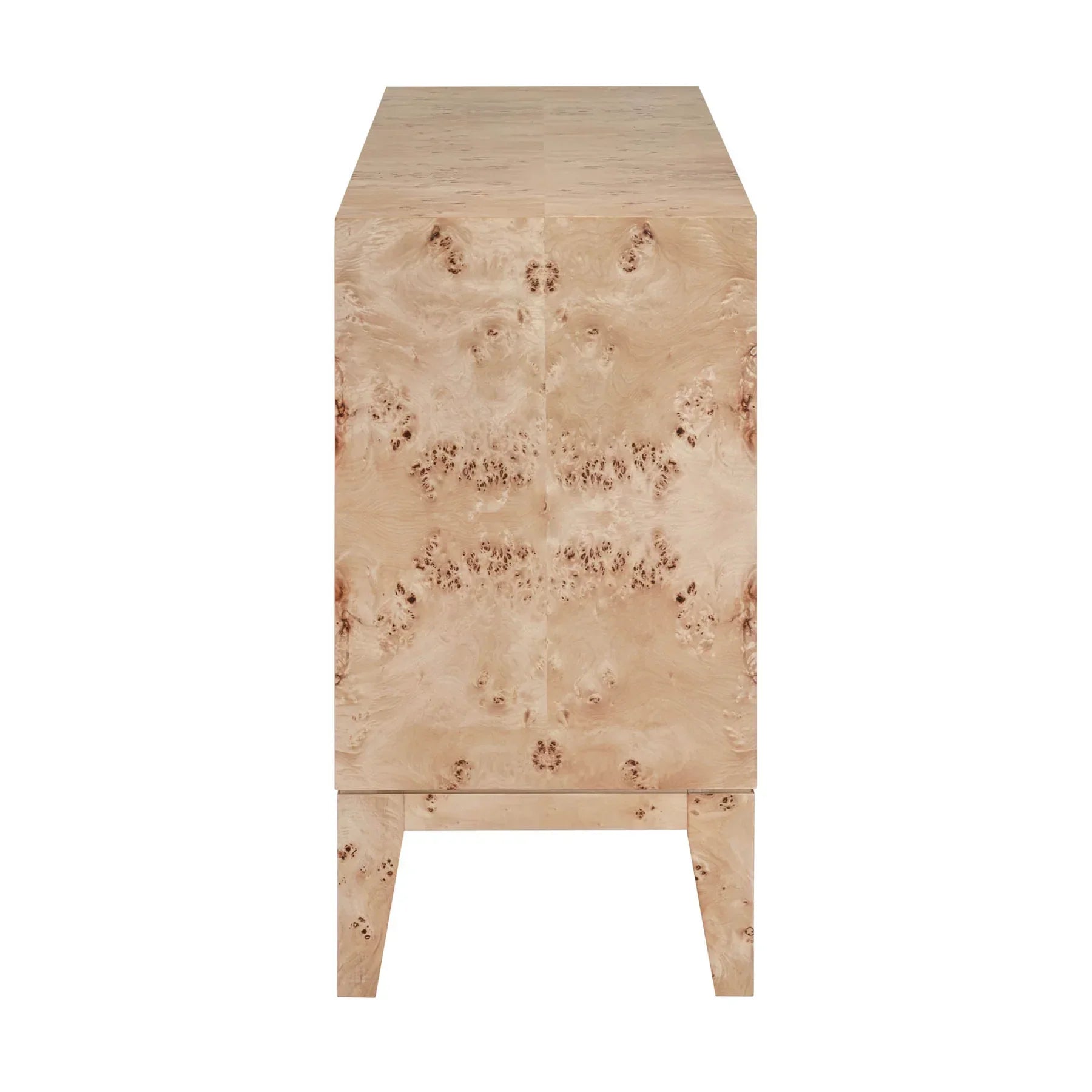 Front perspective view of the Mappa sideboard featuring a striking light burl wood veneer finish and three seamless storage doors