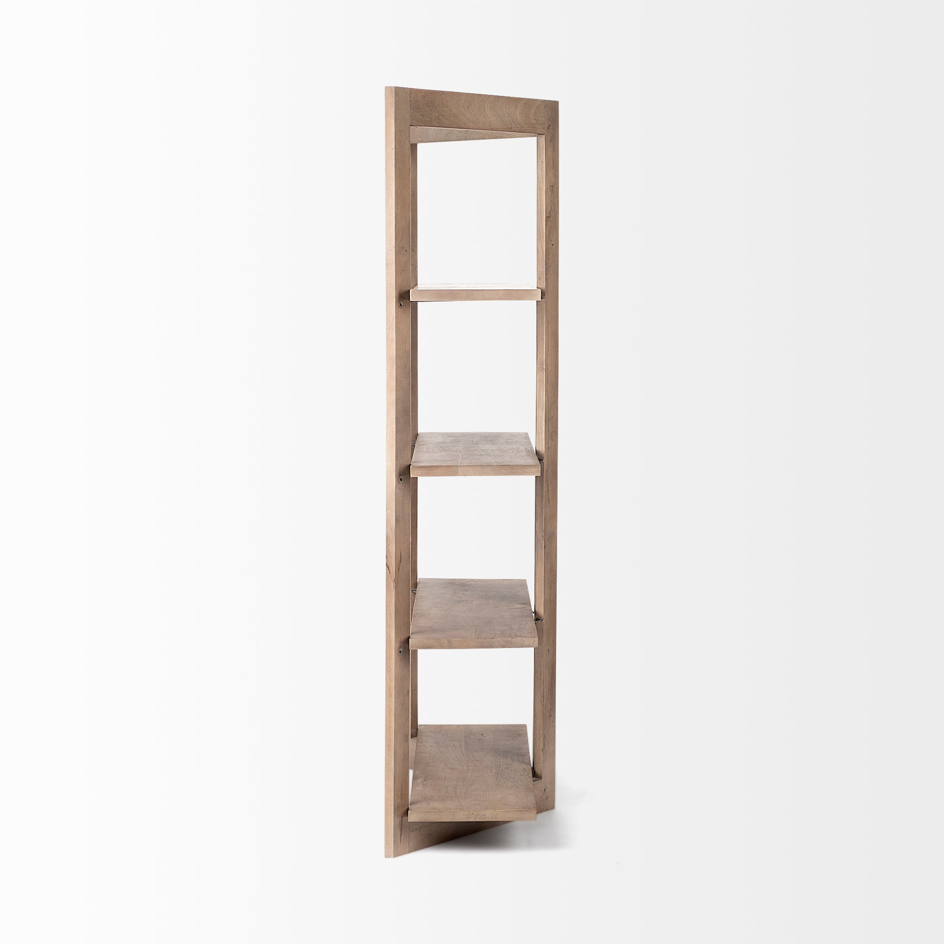 Straight-on front view of the Turnbull I shelving unit in light brown wood featuring a unique V-shaped open frame and four fixed shelves