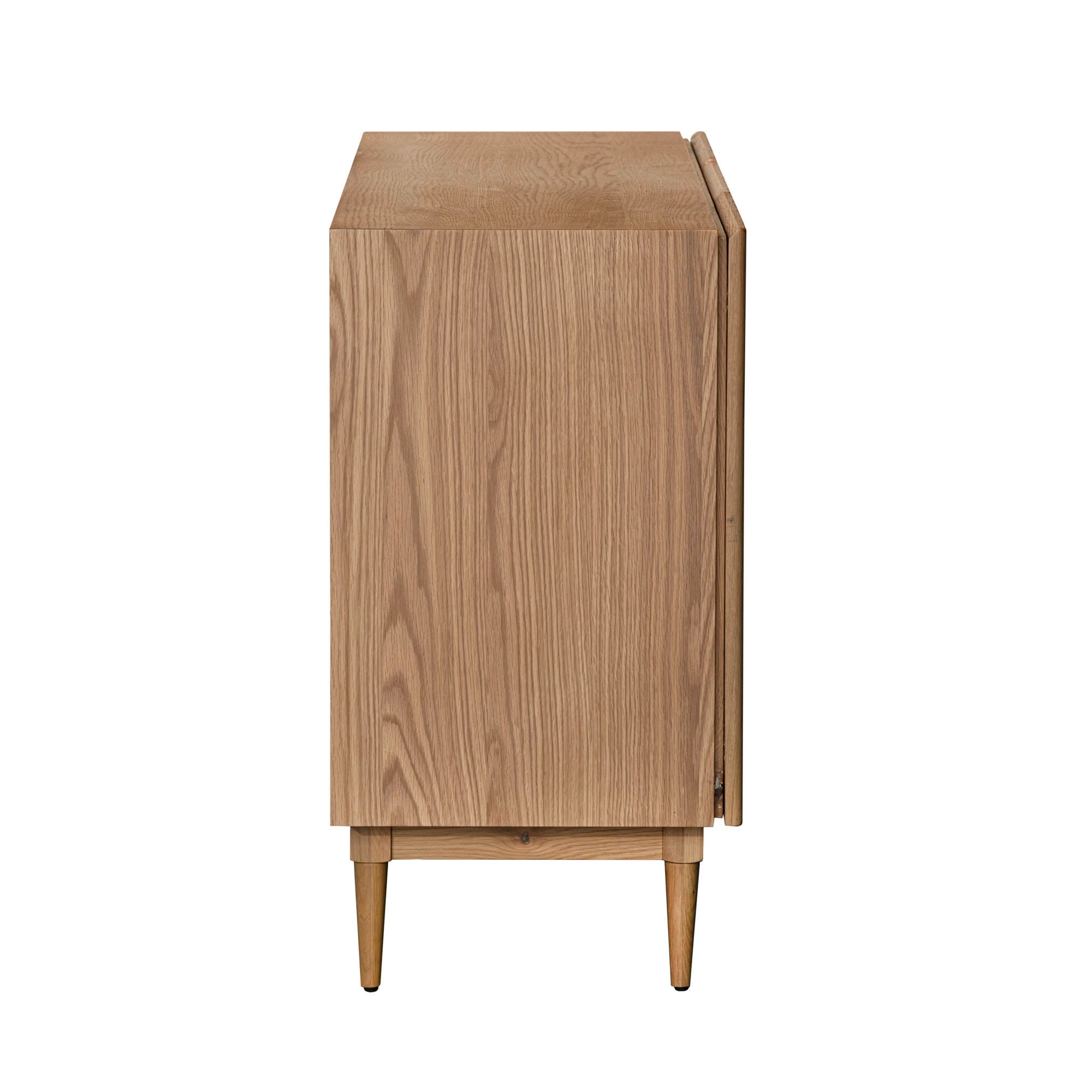 Straight-on front view of the Cane sideboard featuring a light natural oak frame and three woven rattan door panels