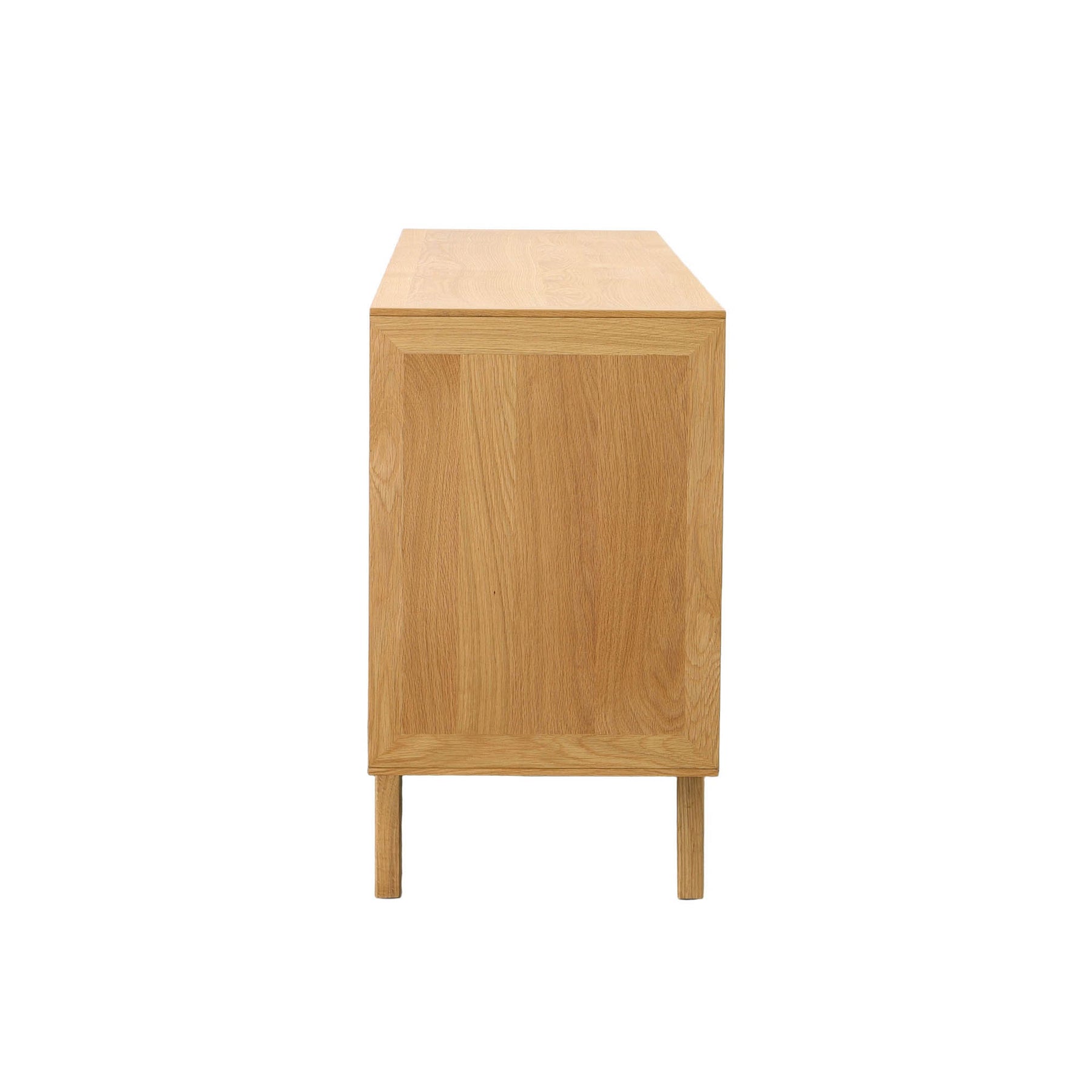 Straight-on front view of the Colton sideboard featuring a light natural oak finish and intricate herringbone parquet patterns across three cabinet doors