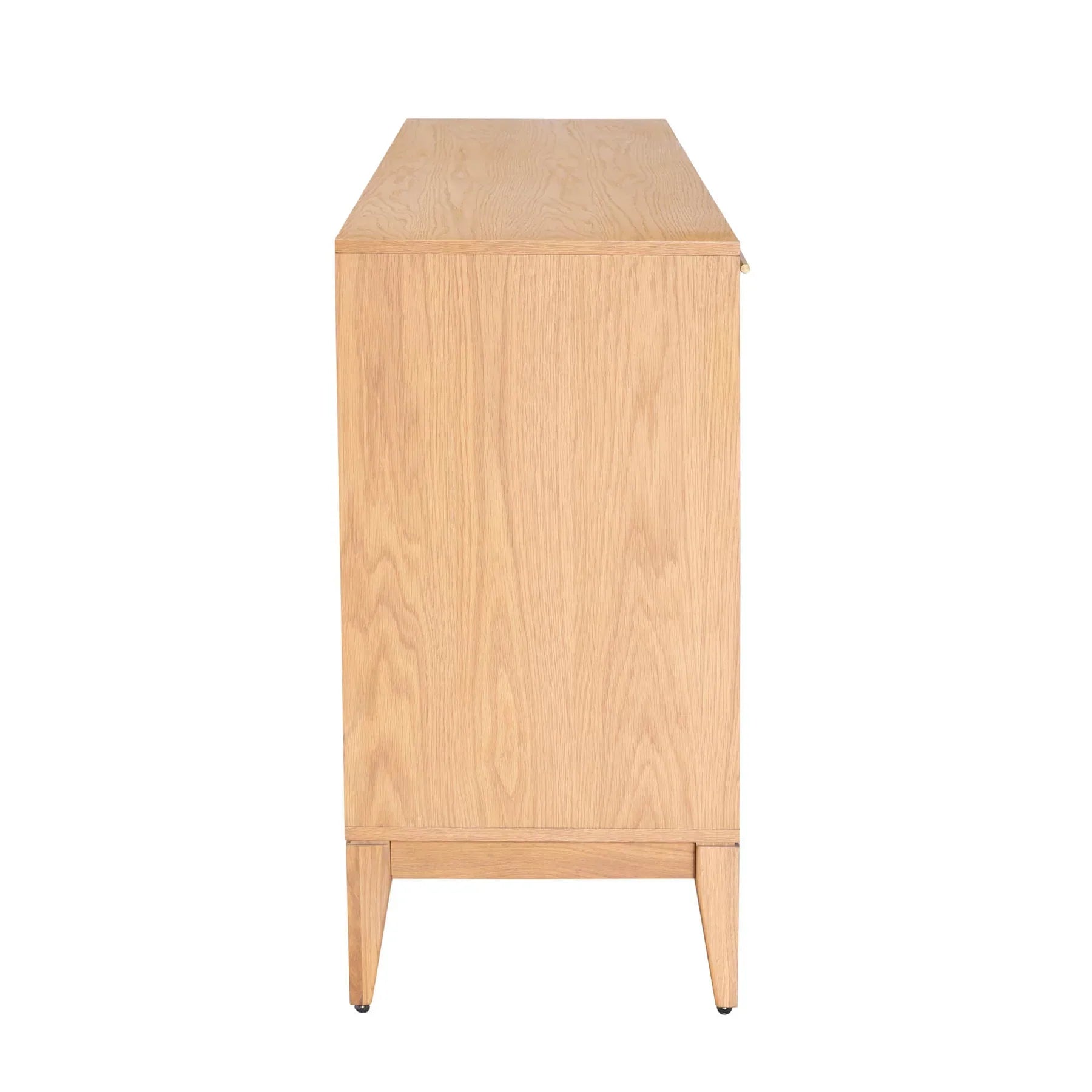 Three-quarter perspective view of the Arizona 4-door sideboard in a natural oak finish featuring two central metal mesh door inlays and tapered wood legs