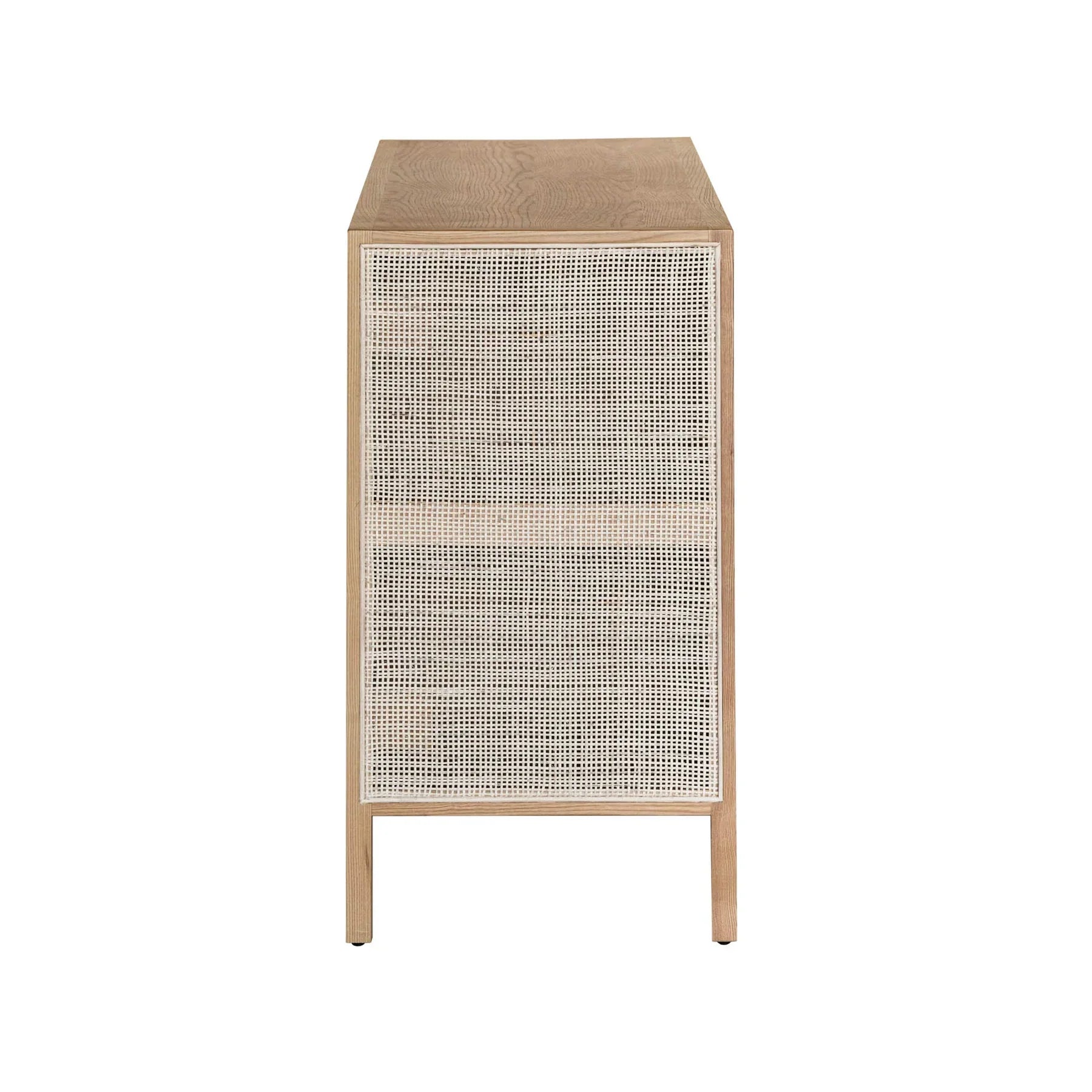 Straight-on front view highlighting the symmetrical three-door layout and the organic texture of the light-toned rattan panels