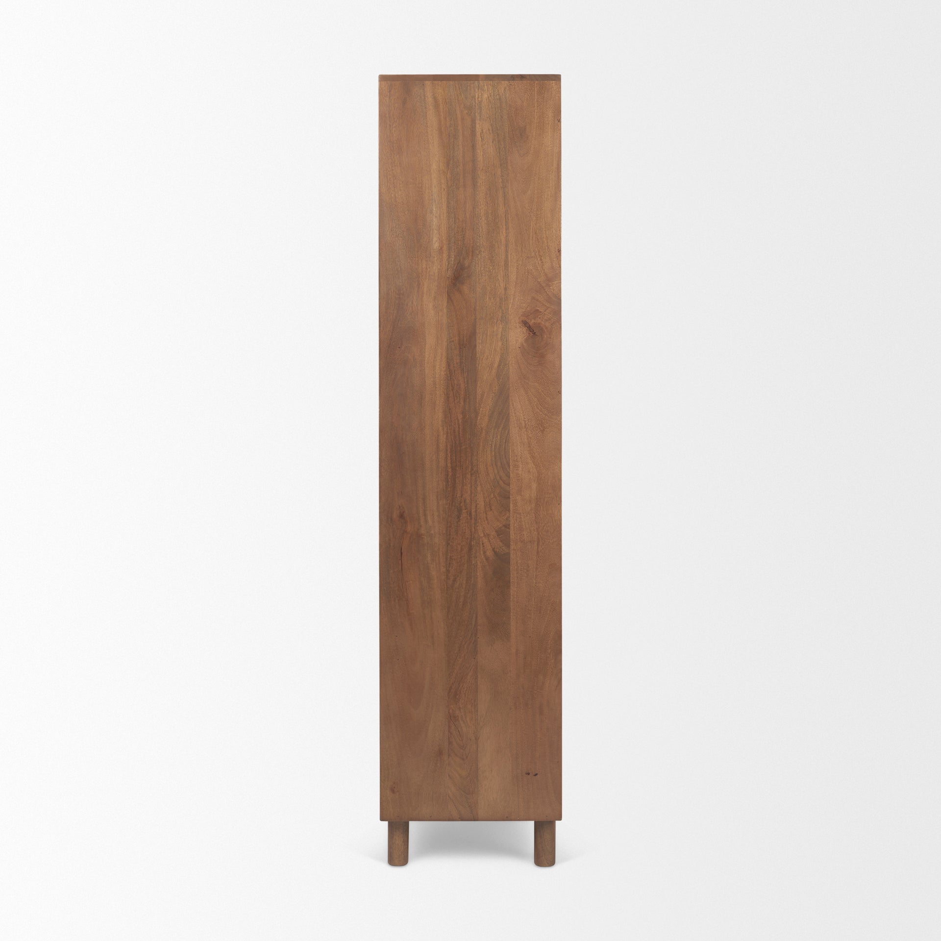 Side profile view showcasing the deep storage capacity and the minimalist cylindrical wood leg base