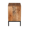 Side profile view showcasing the solid wood grain and the architectural black metal leg base