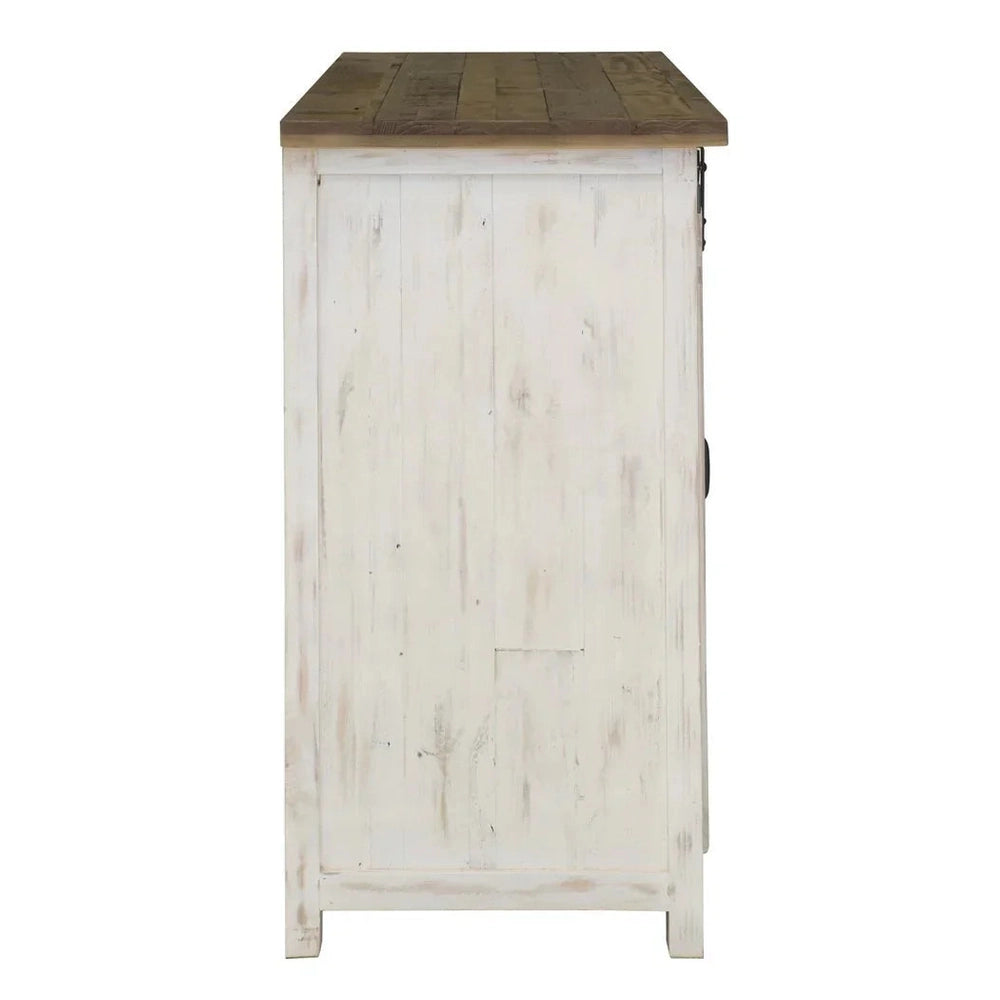 Front view of the Provence sideboard featuring a distressed white finish with two sliding barn doors and a natural brown wood top
