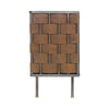 Side profile view showcasing the deep storage capacity and the architectural slim metal legs with gold-tone feet