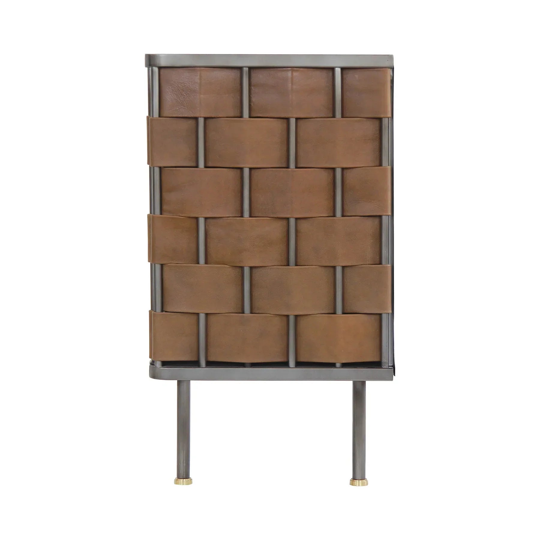 Front view of the Bishop sideboard featuring a hand-woven cognac brown leather panel design set within a slim dark metal frame