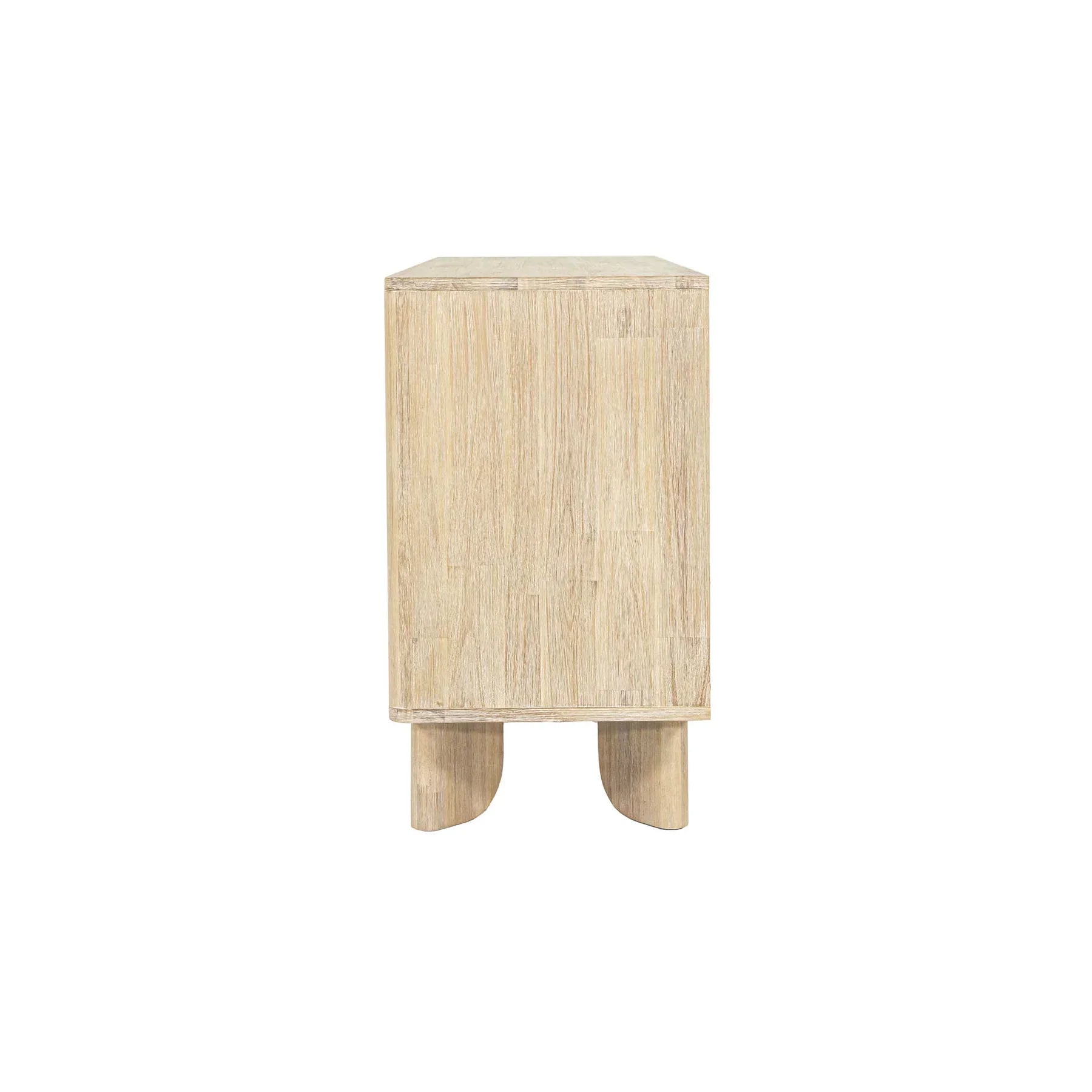 Front perspective view of the Haru sideboard in a light oak finish featuring unique rounded door and drawer panels with a minimalist plinth base
