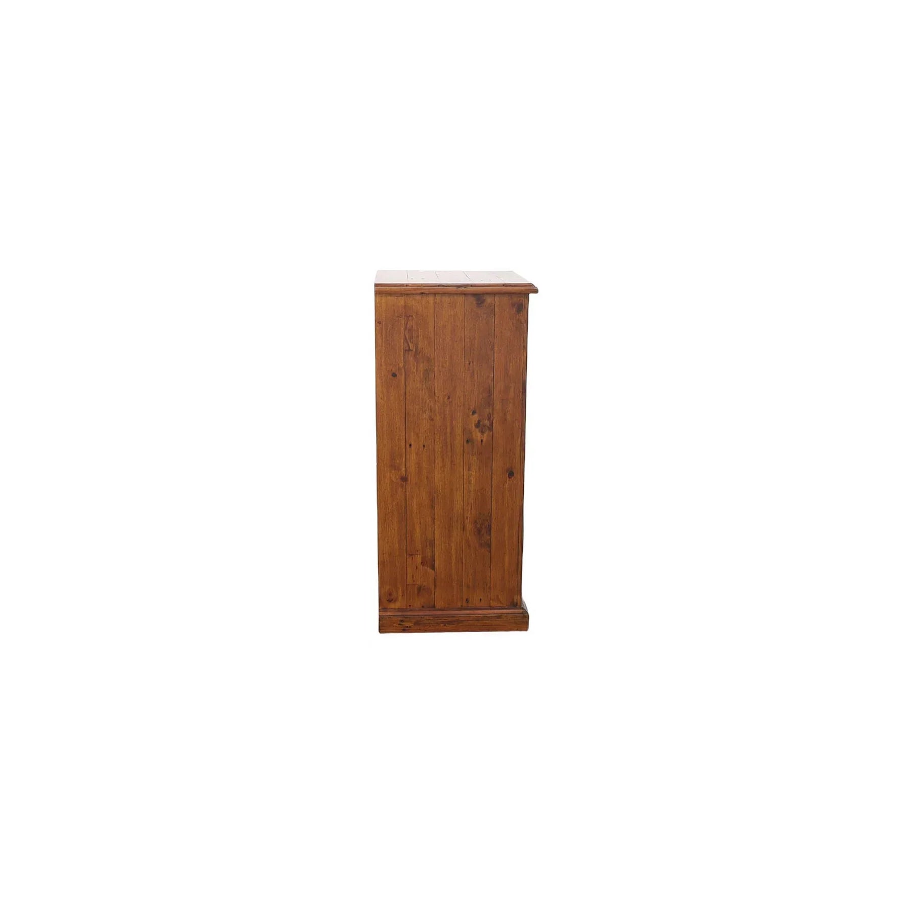 Side profile view showcasing the deep vertical storage design and clean wood paneling