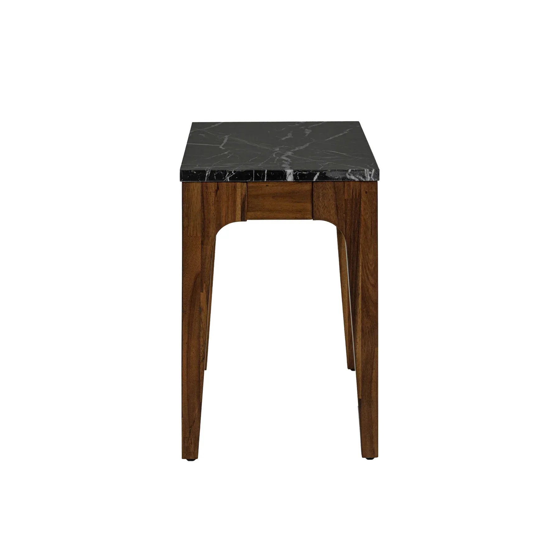 Three-quarter view of the Allure side table featuring a thick black marble top with white veining and a tapered walnut wood frame
