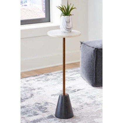 Perspective view of the Caramont drink table featuring a circular black marble top and a slim brass-finished pedestal neck with a conical white marble base
