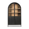 Straight-on front view of the Sloan arch cabinet featuring a matte black finish and natural wood interior shelves