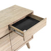 View of a top drawer fully extended to showcase the black metal glides and high-quality internal wood finish