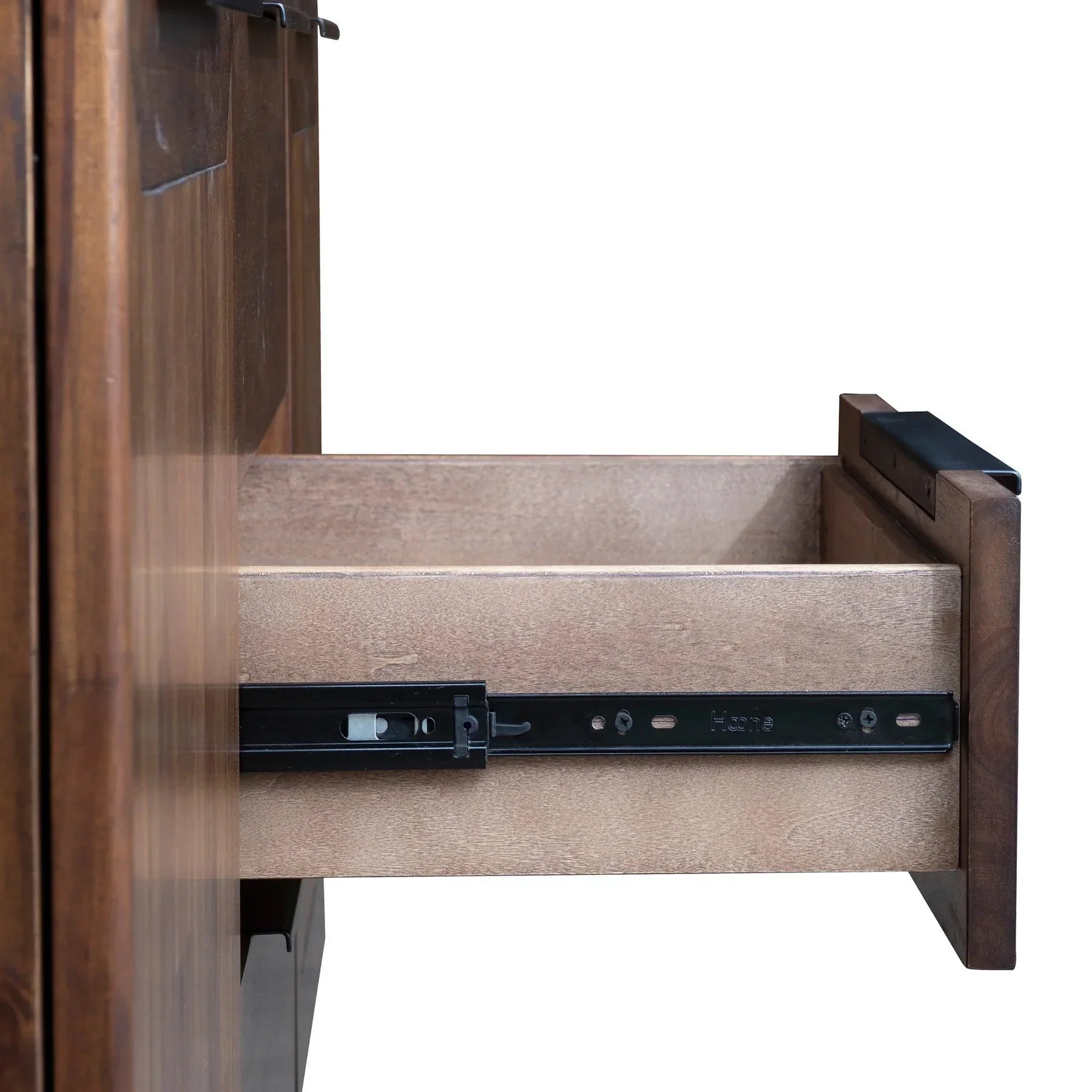 Front view of the Remix sideboard featuring a warm acacia wood finish with a 3-drawer central unit and two side cabinets