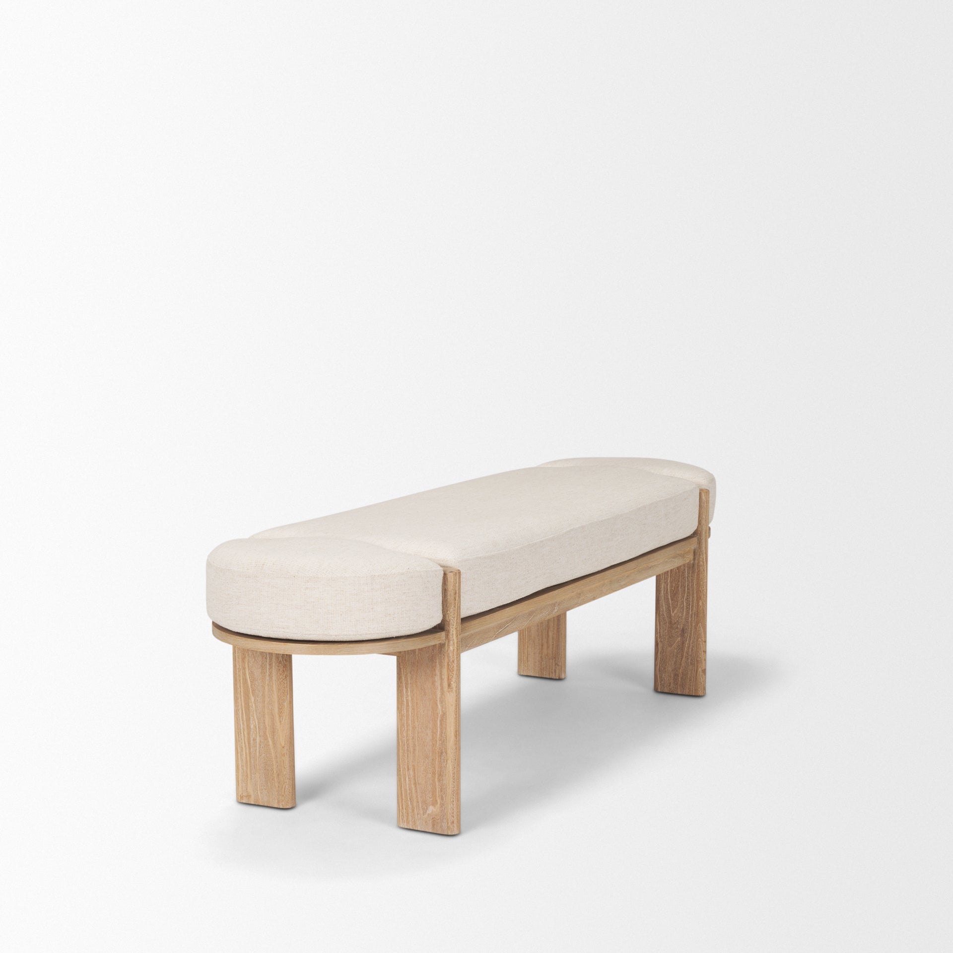 Front view of the Sohan bench featuring a light brown elm wood frame and an oatmeal-colored upholstered seat