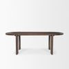 Front view of the Sohan oval dining table in a dark elm wood finish featuring smooth rounded edges and sturdy trestle leg supports