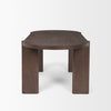 Straight-on side profile view highlighting the sculptural leg design and rich dark elm wood texture