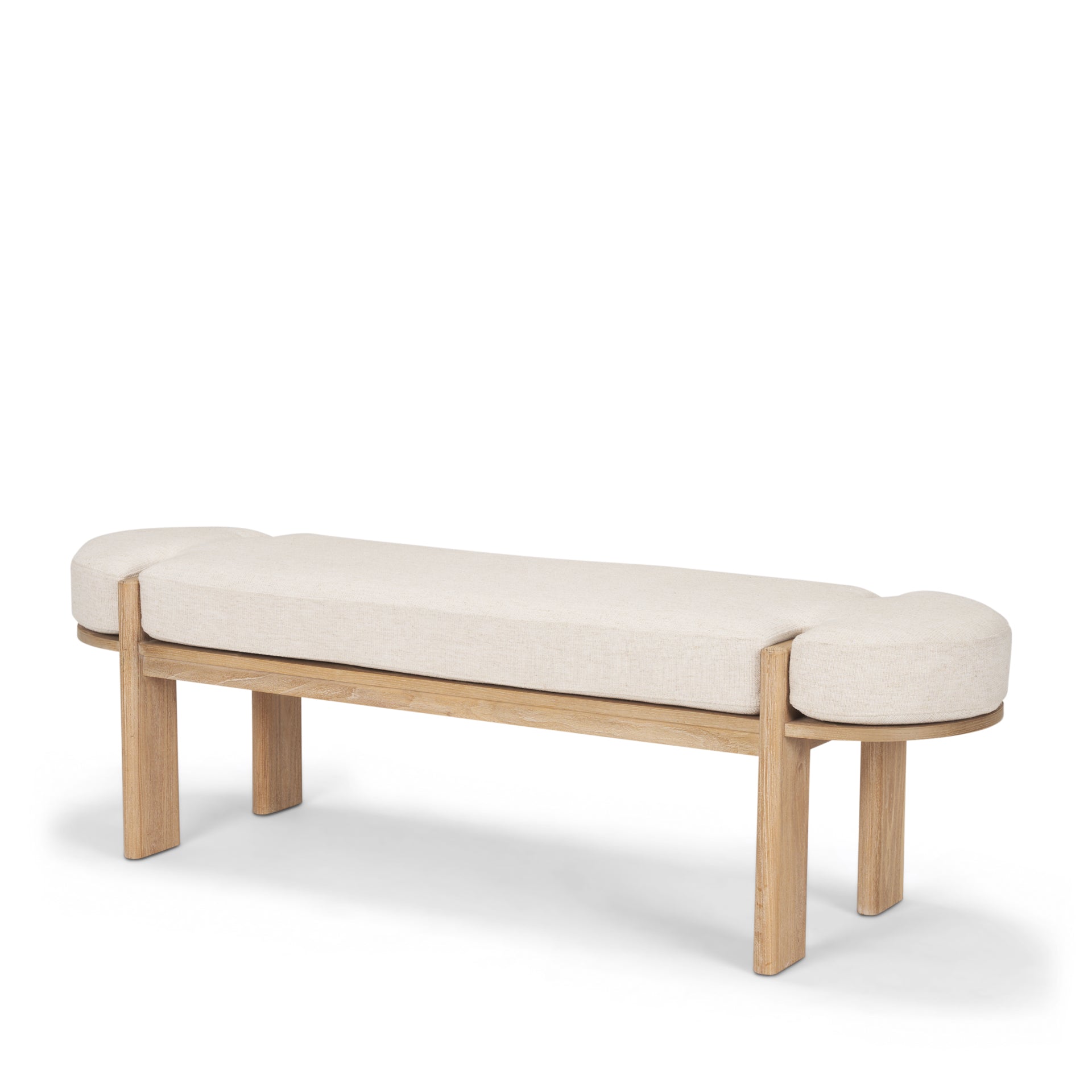 Front view of the Sohan bench featuring a light brown elm wood frame and an oatmeal-colored upholstered seat