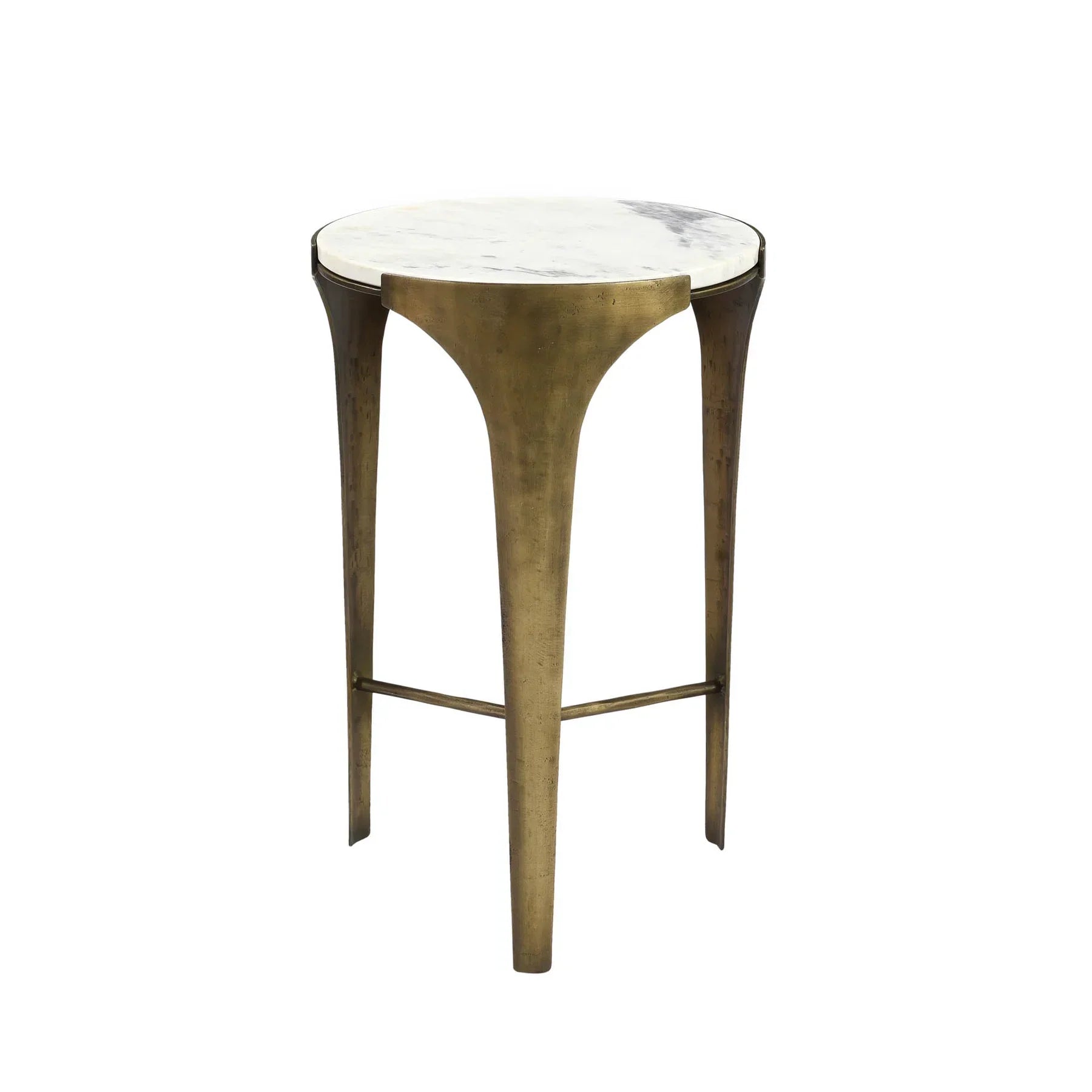 Perspective shot highlighting the slender tripod leg arrangement and the sleek profile of the white marble tabletop