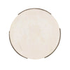 Direct overhead view showcasing the natural light grey veining of the polished white marble circular top and the inset brass frame clips