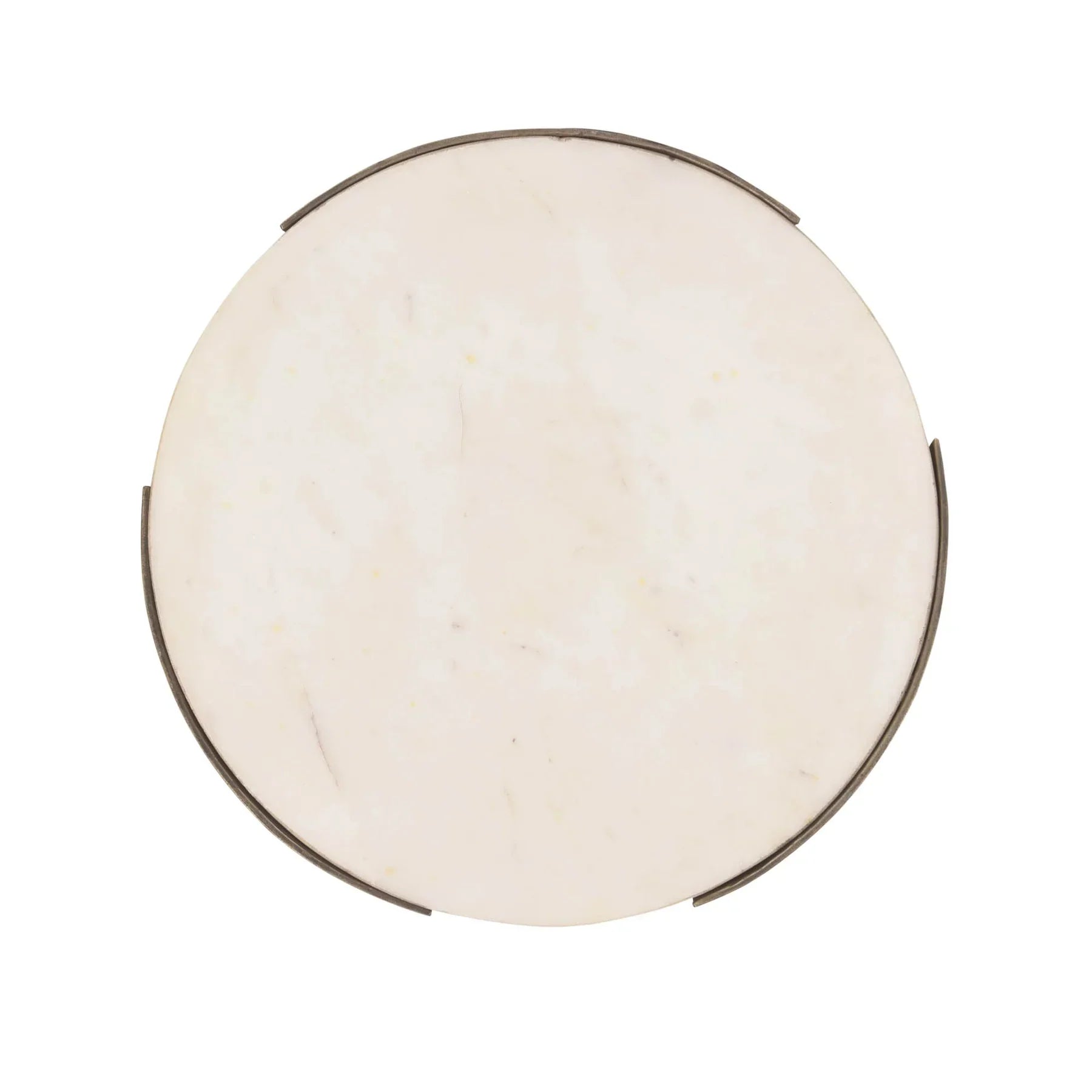 Direct overhead view showcasing the natural light grey veining of the polished white marble circular top and the inset brass frame clips