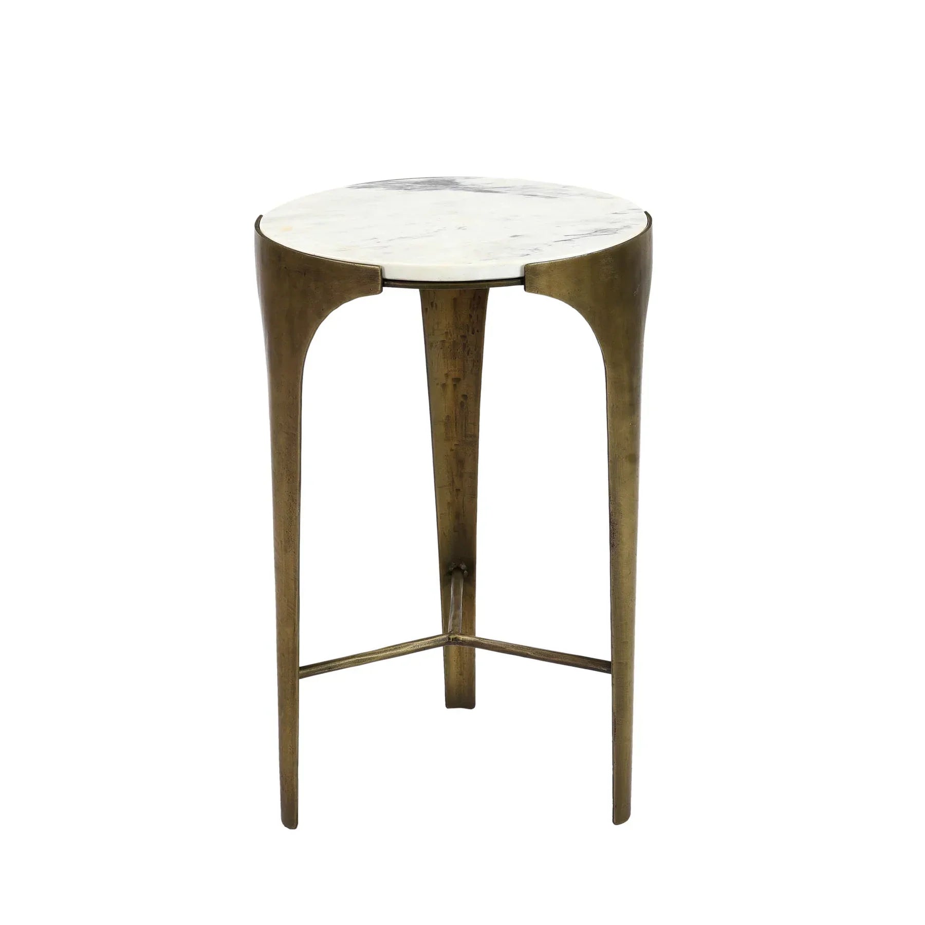Three-quarter view of the Solar side table featuring a circular white marble top supported by an antique brass tripod frame with curved leg details