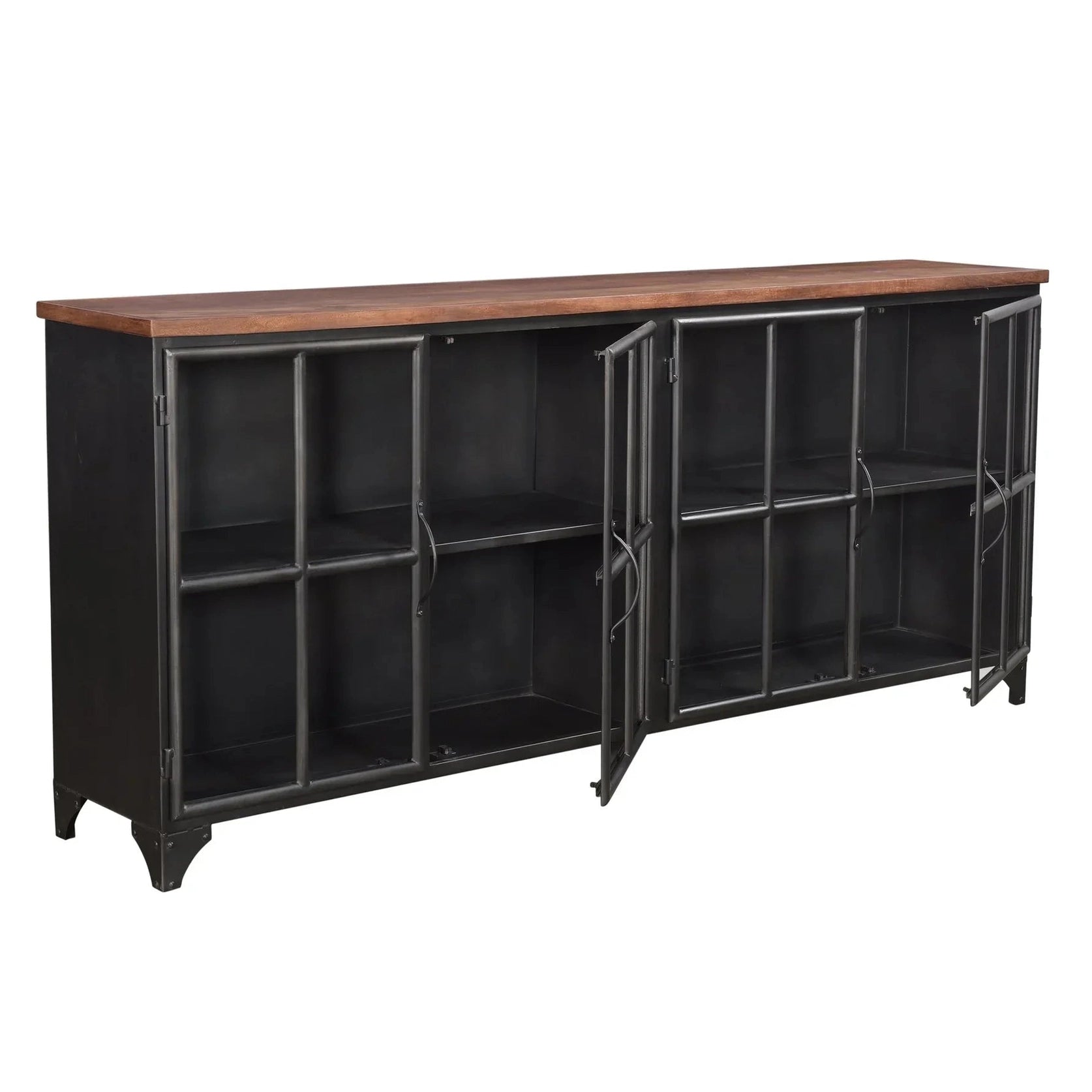 Front view of the Tradition sideboard featuring a rich solid acacia wood construction with four storage doors and a minimalist tapered leg base