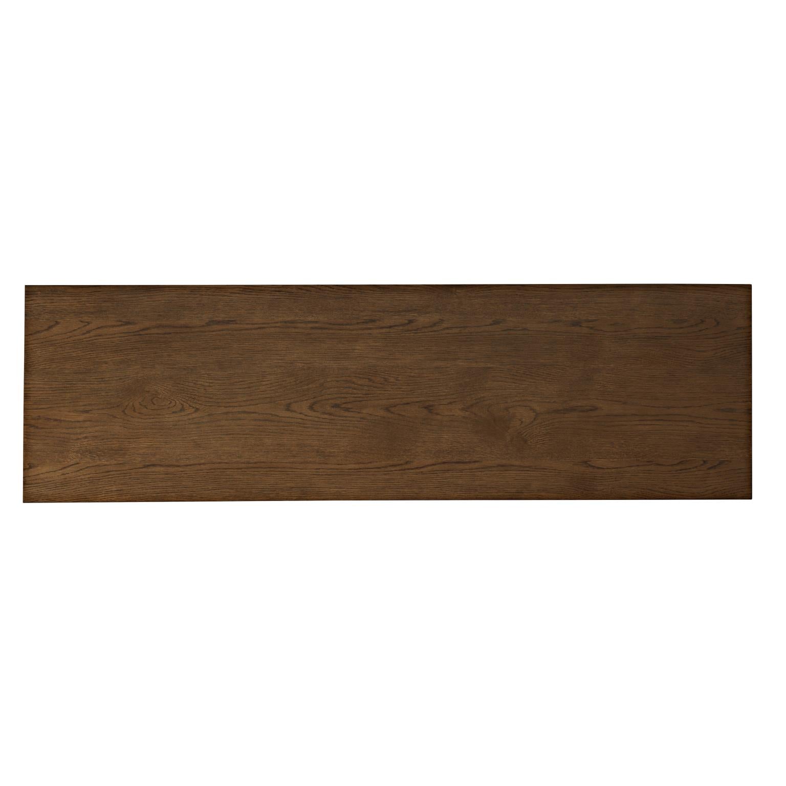 Front perspective view of the Skap 4-door sideboard in a dark oak finish featuring vertical fluted door panels and a matching plinth base