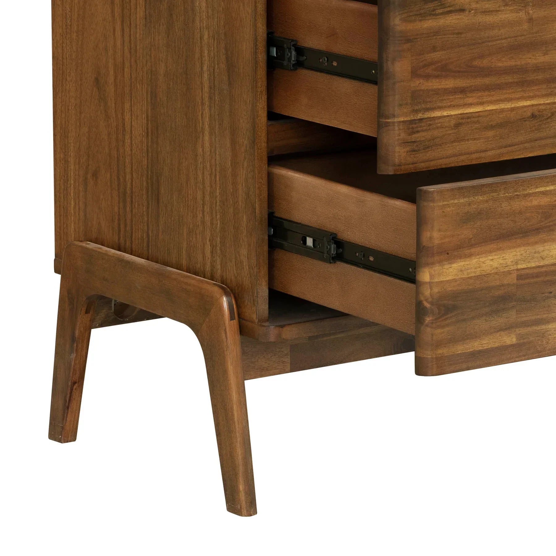 Close-up view of the base highlighting the elegant tapered wood legs and high-quality structural joinery