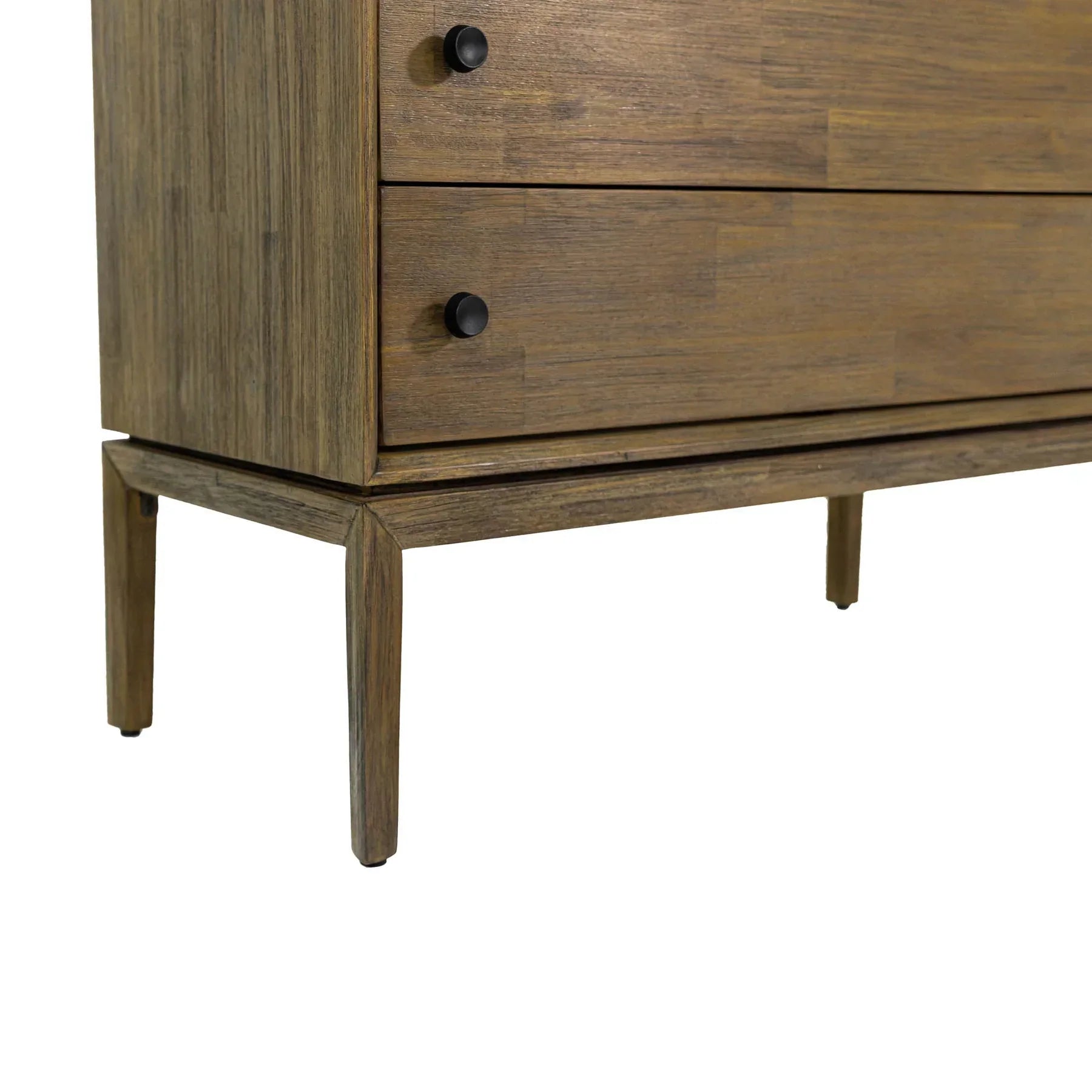Front view of the West 5-drawer vertical chest featuring a rich natural wood finish, dark circular knobs, and a top drawer with vertical fluted detailing