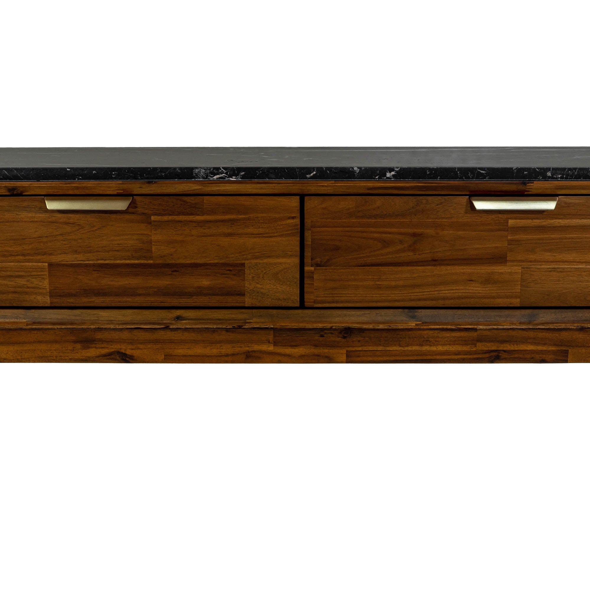 Front view of the Allure console table featuring a warm solid wood frame, two storage drawers with gold handles, and a premium black marble top