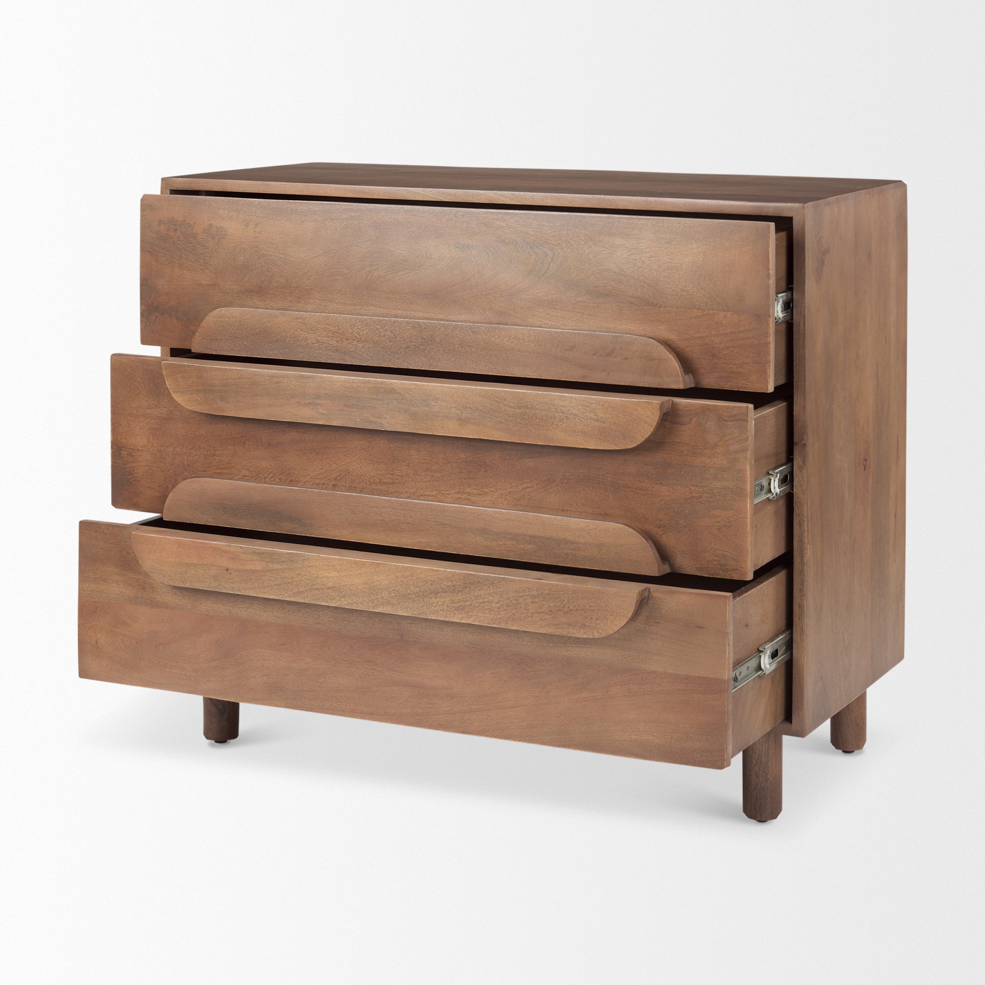 Front view of the Astrid 3-drawer cabinet featuring a warm walnut finish on solid wood with unique integrated oval-shaped drawer pulls
