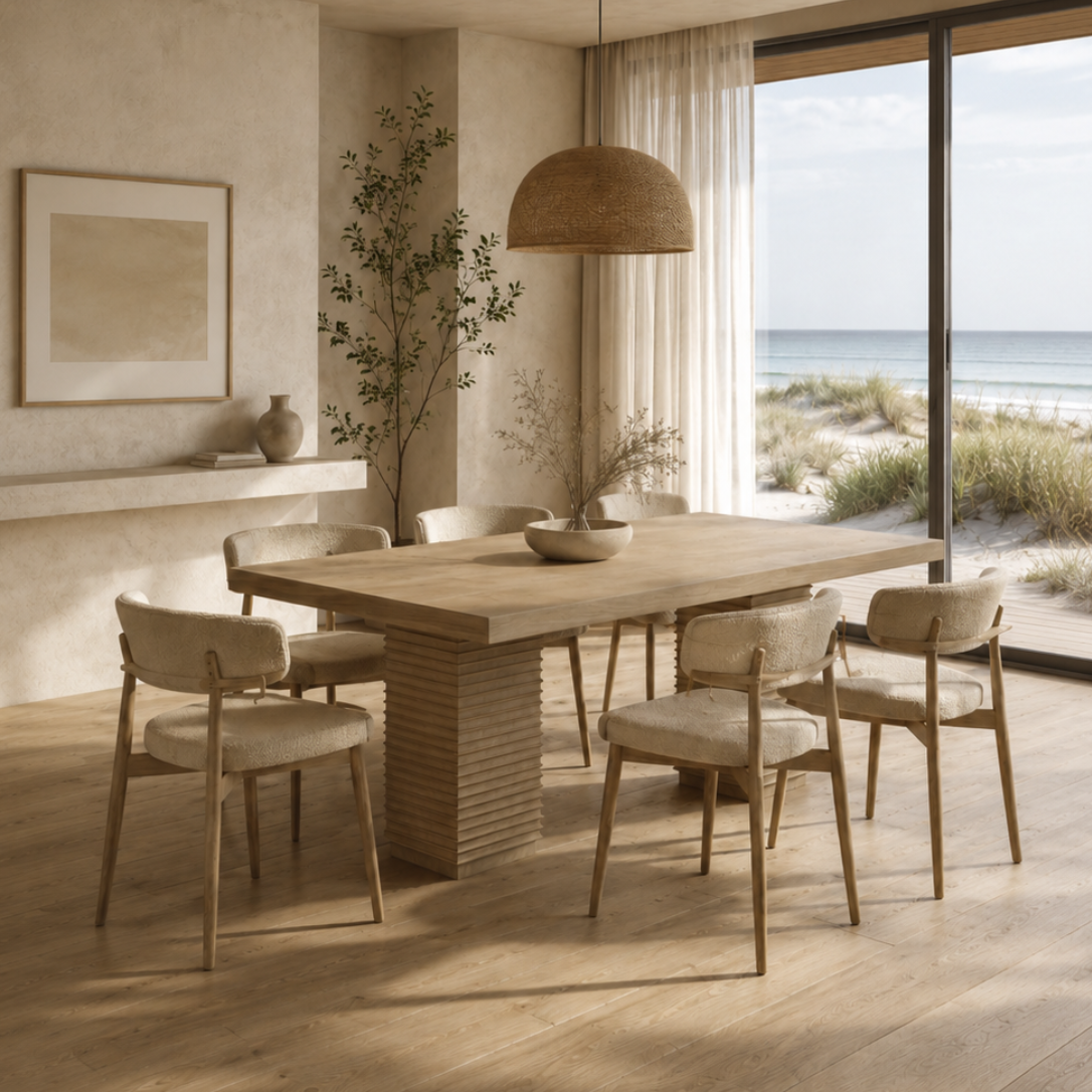 A light natural wood dining table with a rectangular top and two sculptural column bases made of stacked wooden slats, shown against a plain white background.