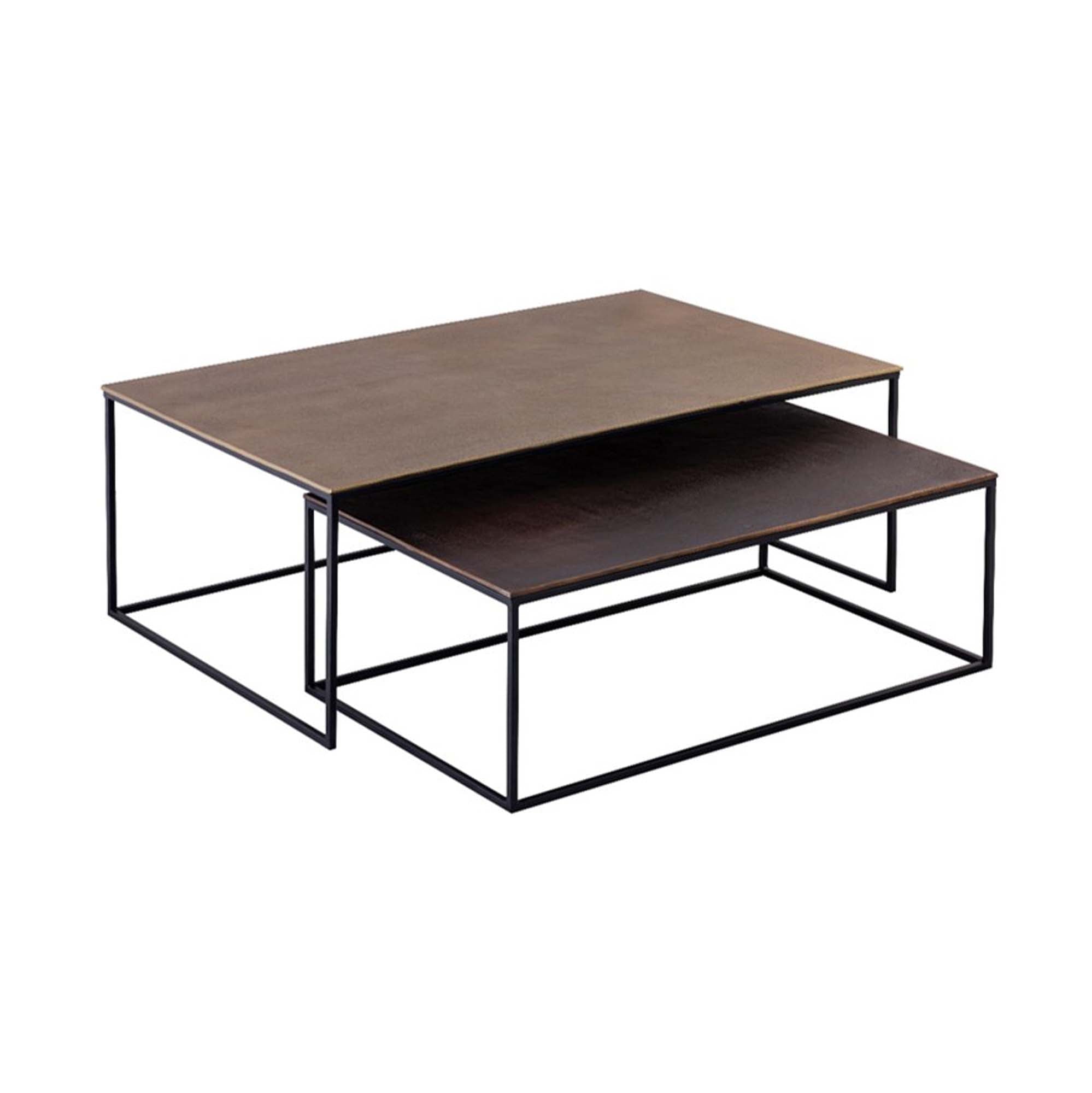 Front view of the Sona nesting table set featuring two square tables with bronze-toned tops and minimalist black metal frames