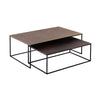 Front view of the Sona nesting table set featuring two square tables with bronze-toned tops and minimalist black metal frames