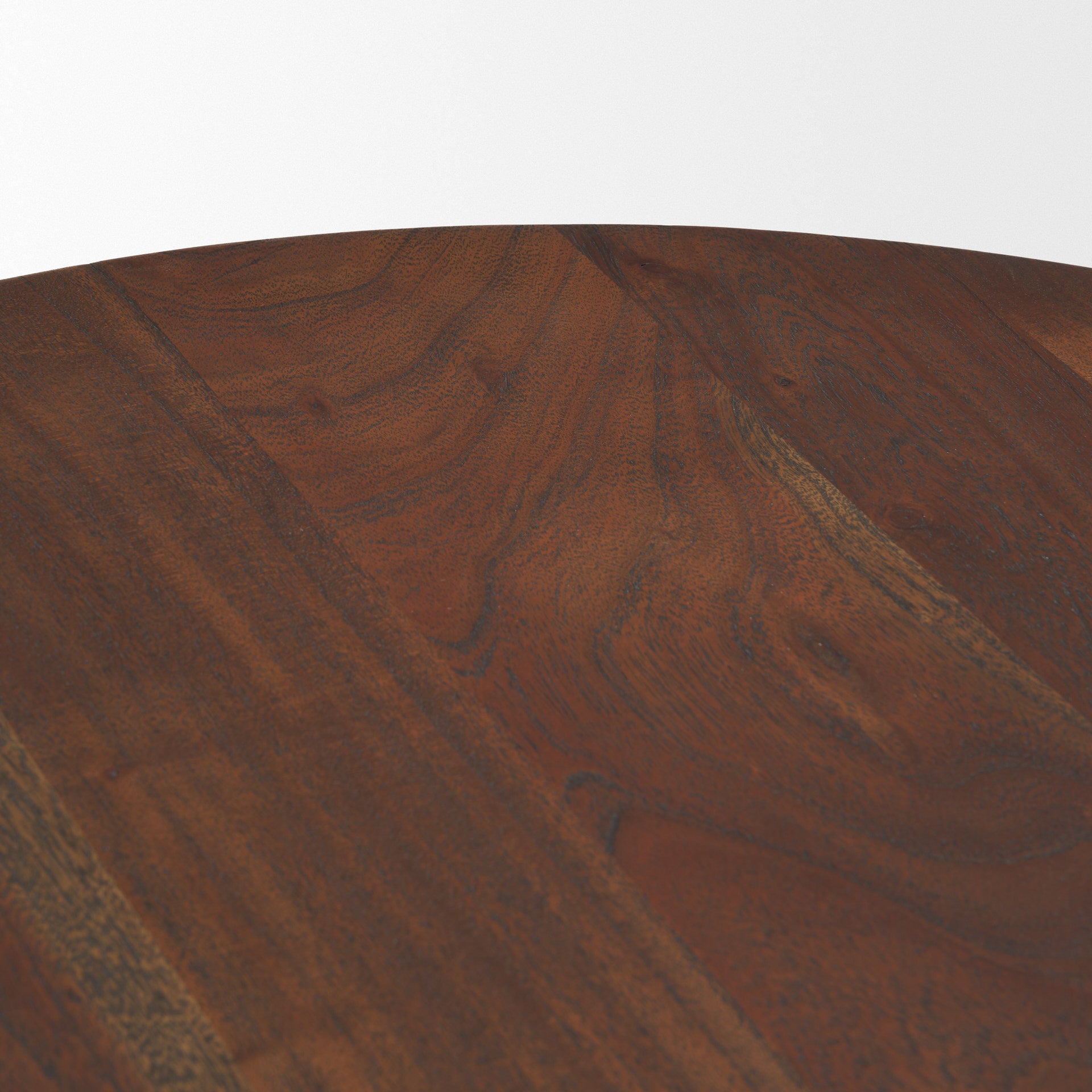 Front view of the Sonel side table featuring a circular acacia wood top and three unique sculptural legs with curved tiered segments