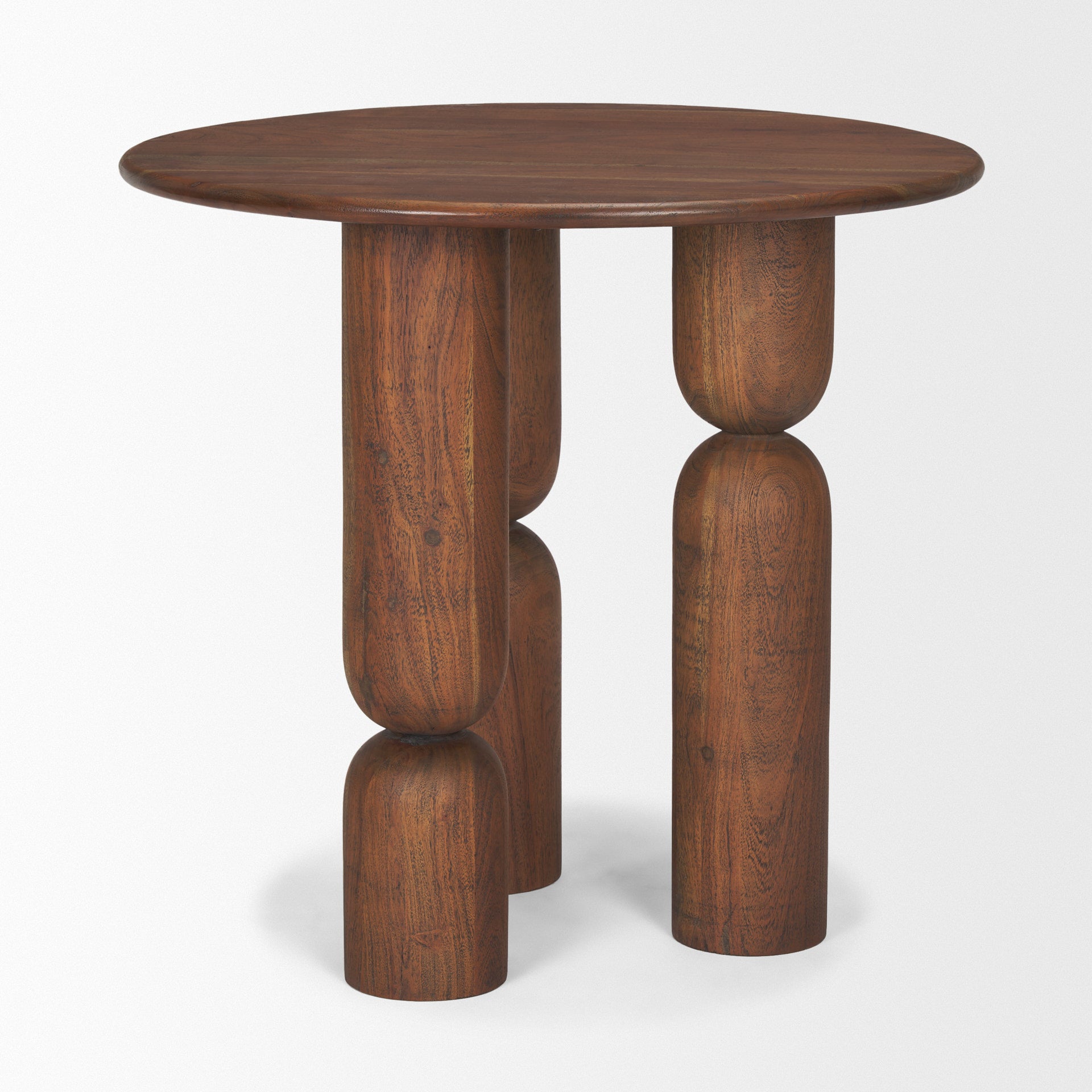 Front view of the Sonel side table featuring a circular acacia wood top and three unique sculptural legs with curved tiered segments