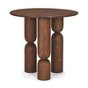 Front view of the Sonel side table featuring a circular acacia wood top and three unique sculptural legs with curved tiered segments