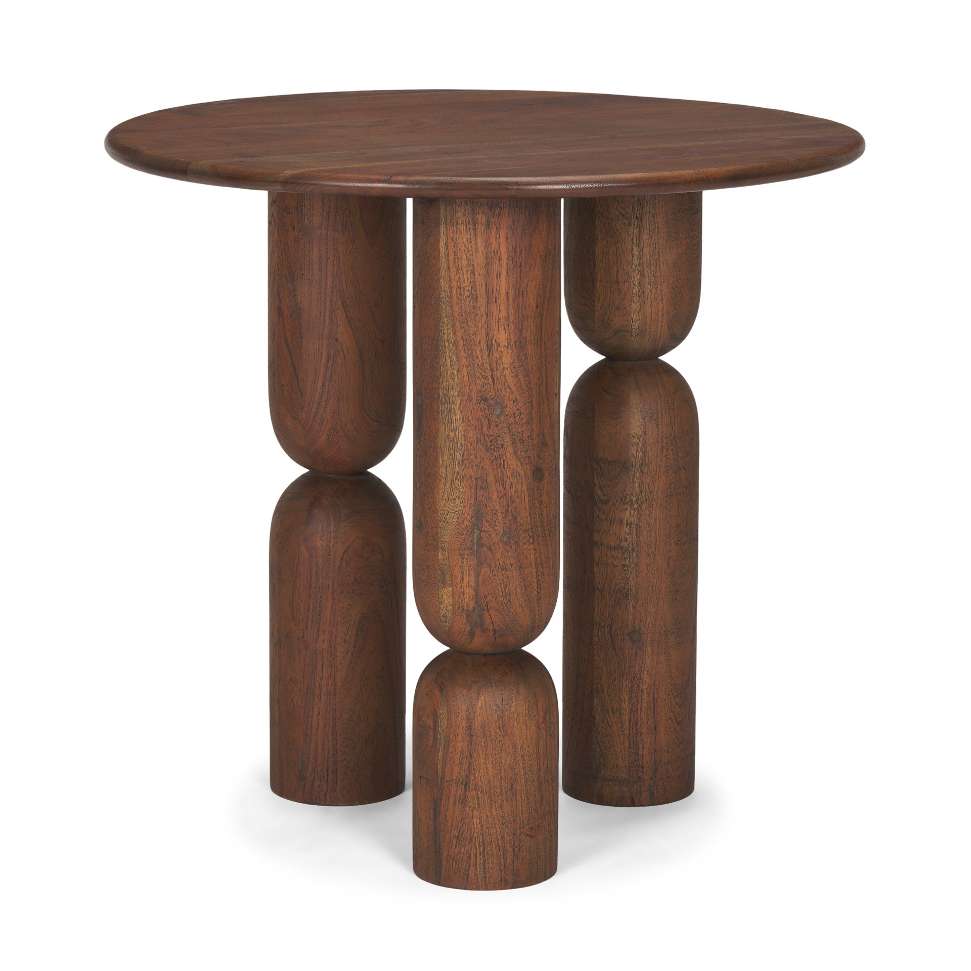 Front view of the Sonel side table featuring a circular acacia wood top and three unique sculptural legs with curved tiered segments