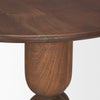 Macro shot focusing on the seamless connection between the acacia wood tabletop and the rounded top of the pedestal leg