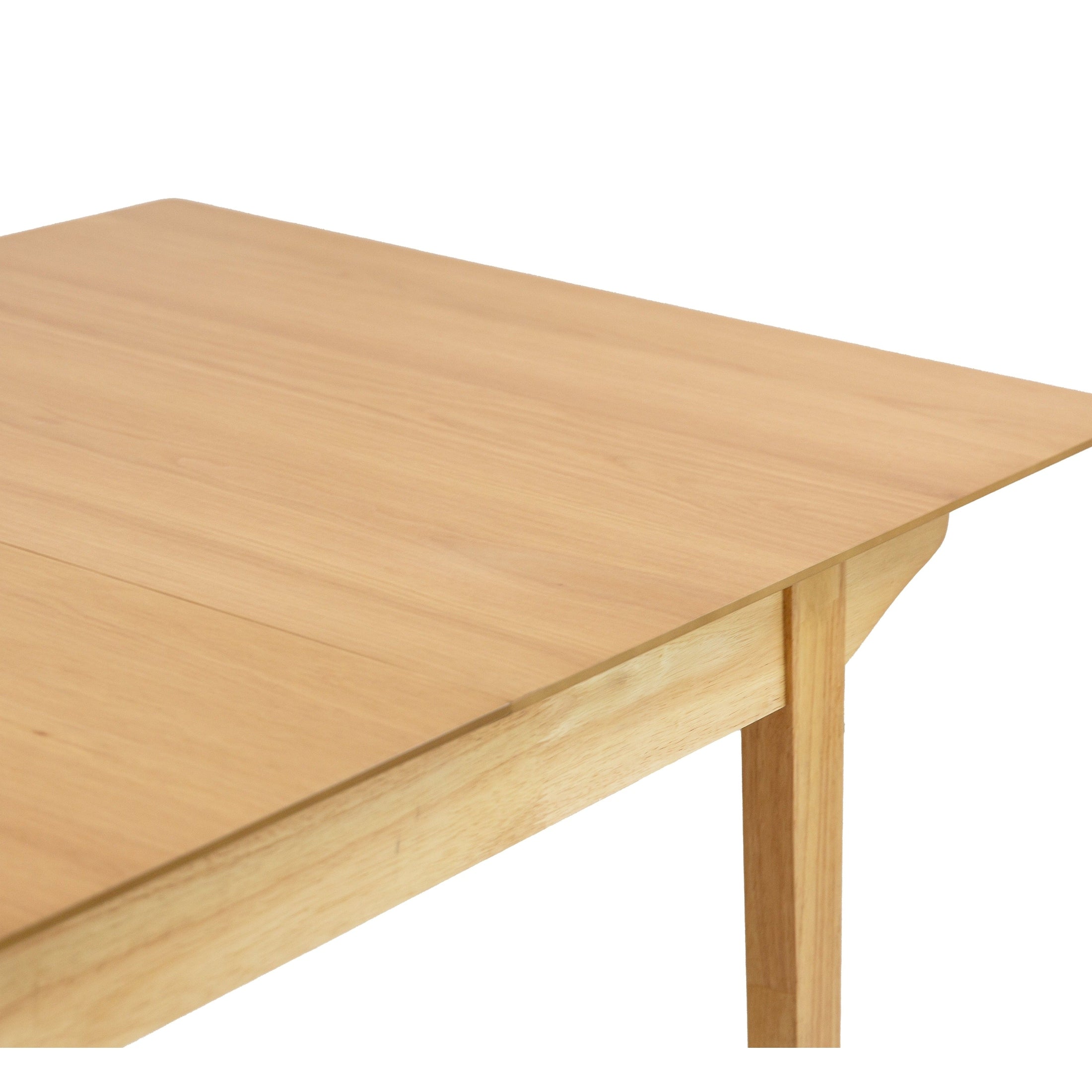 Front view of the Sonet extendable dining table in a natural oak finish featuring tapered legs and a minimalist rectangular silhouette